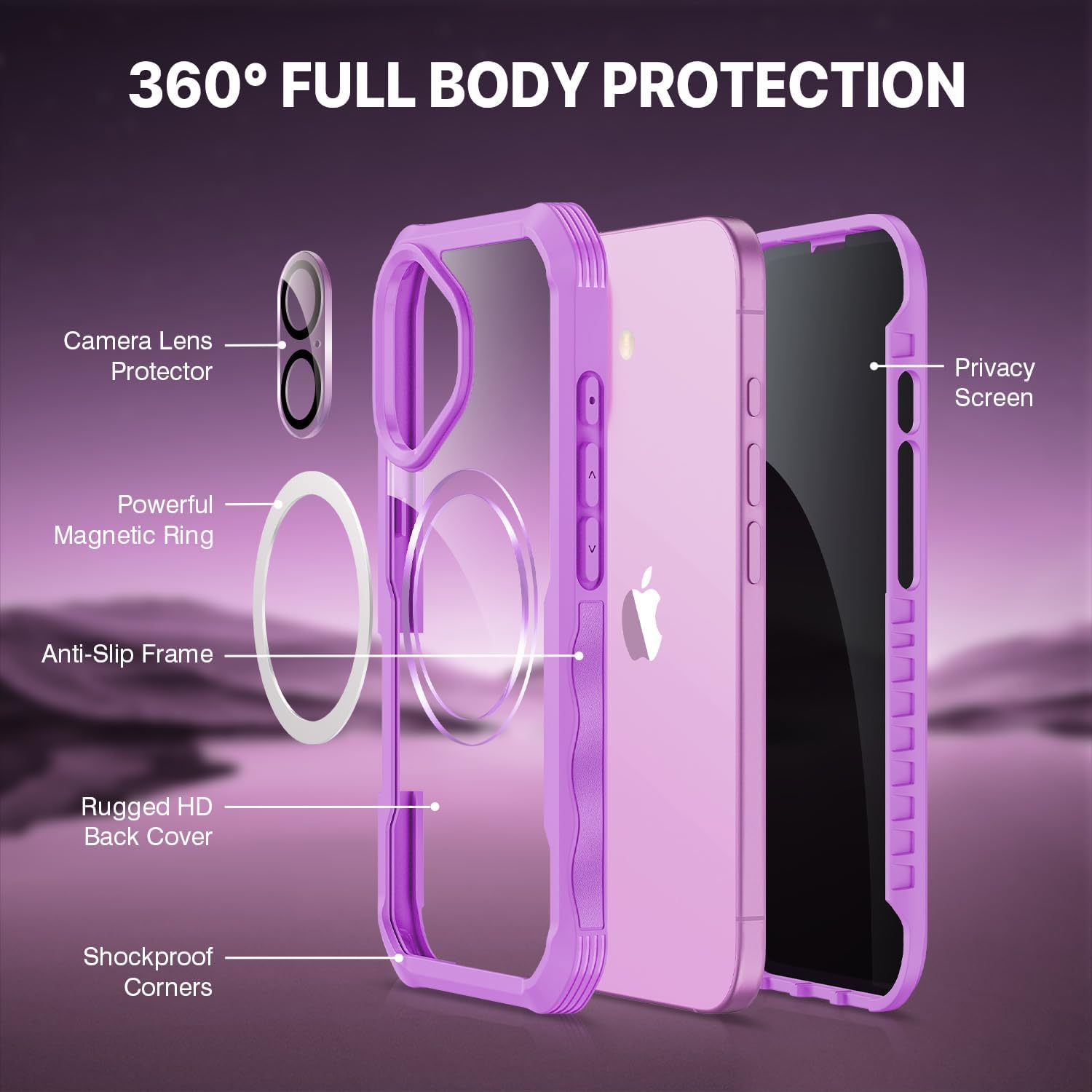 Thumbnail 2 de CENHUFO Privacy Case for iPhone 16 (6.1-inch) - Rose Pink with Built-in Privacy Screen and 360° Protection