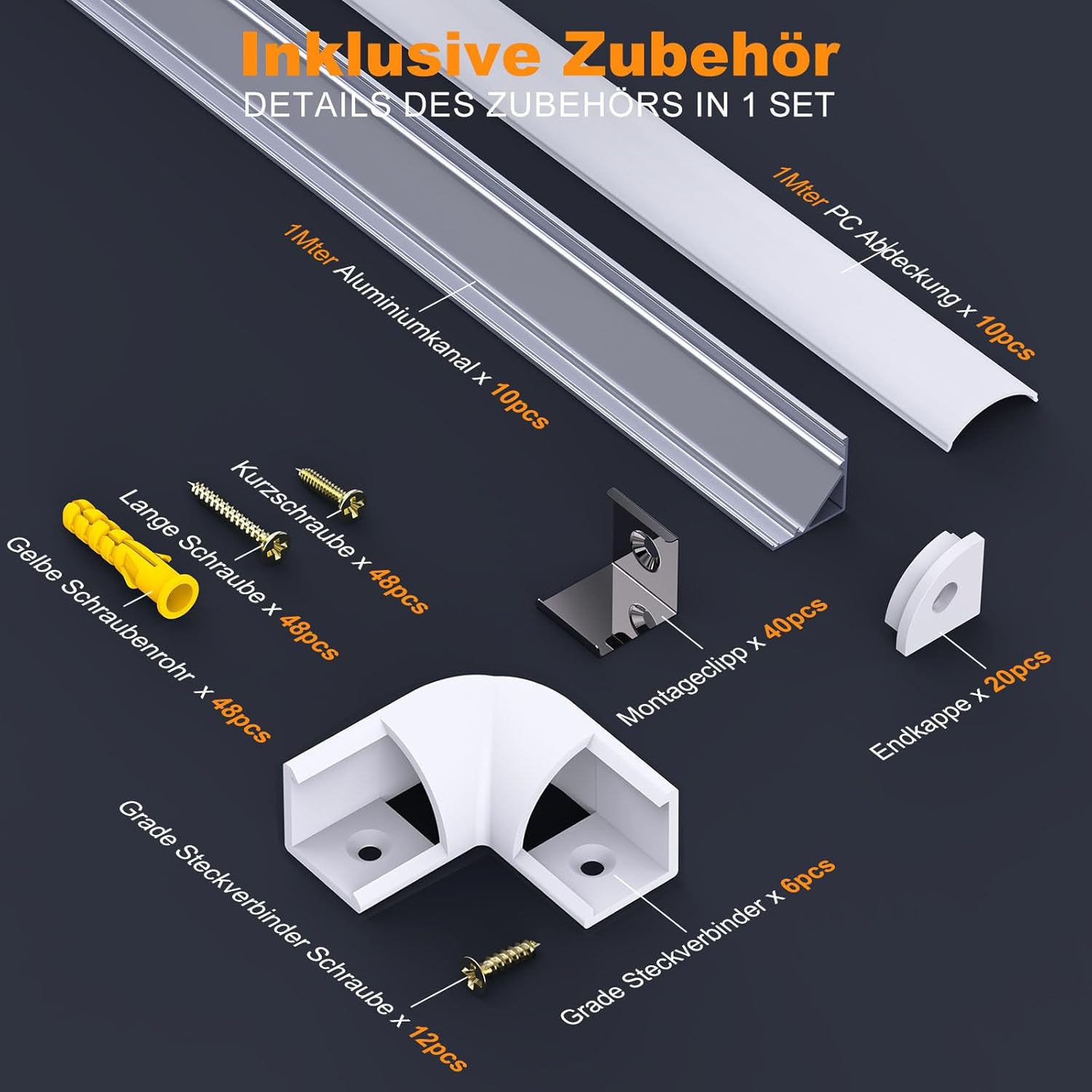 Thumbnail 3 de Chesbung LED-Aluminiumprofil V-Form (10×1 m) für LED-Streifen – milchige Abdeckung, Montageclips & 45°-Eckverbinder
