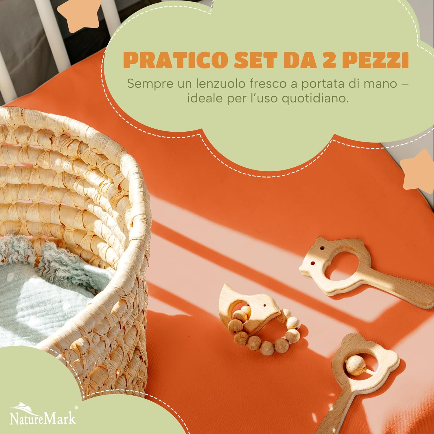 Detalle de NatureMark Lenzuolo con angoli elasticizzati per bambini 70x140 cm – set da 2 in jersey di cotone terracotta