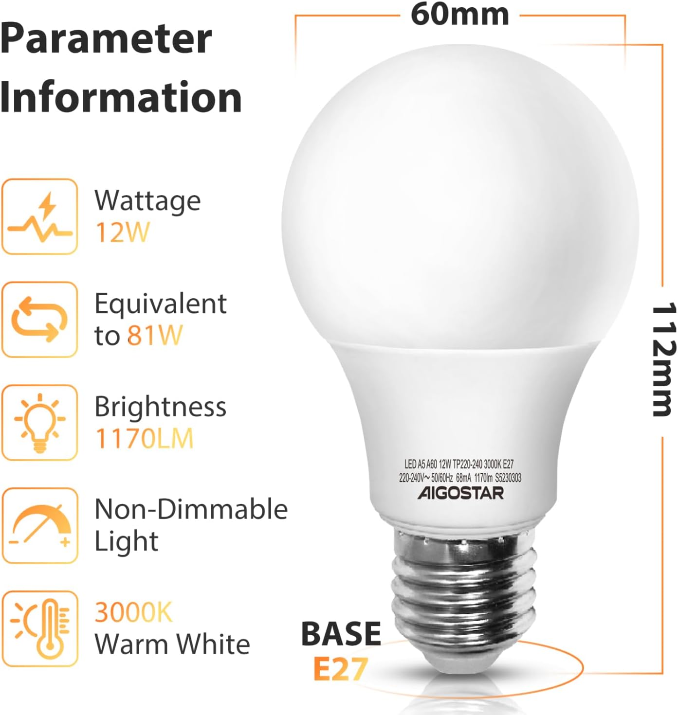 Detalle 2 de Aigostar Lampadina LED E27 luce bianca calda 12W 3000K (non dimmerabile) 5 pezzi