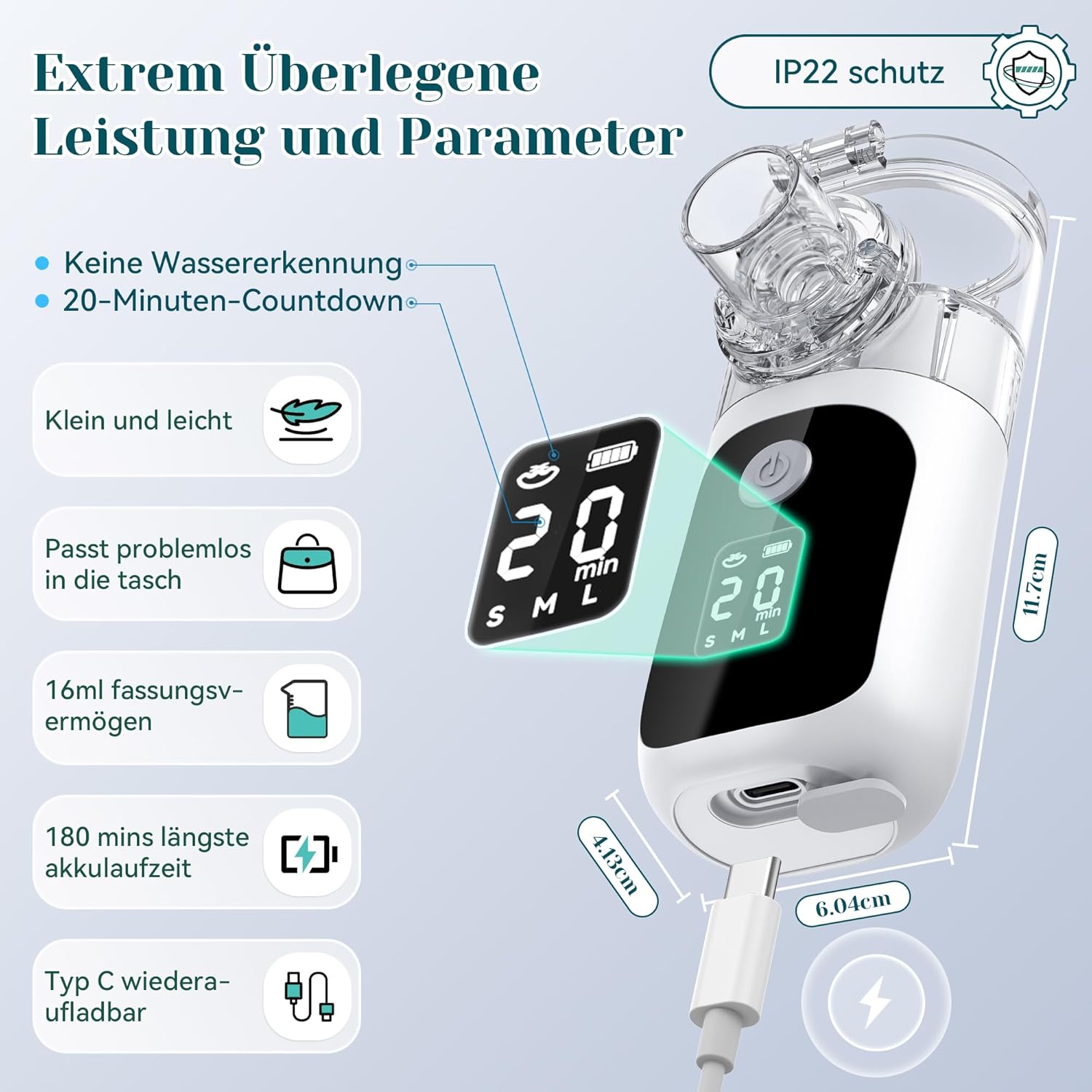 Thumbnail 3 de Inhalationsgerät für Erwachsene & Kinder mit Mesh-Technologie, Countdown-Timer, Selbstreinigung und USB-Akku (1–5 µm)