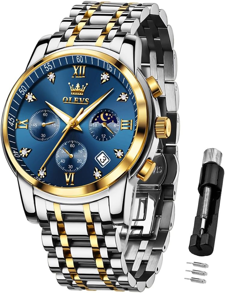 Detalle de OLEVS Herrenuhr schwarz mit Edelstahlarmband – Quarz, Datumsanzeige, 30 m wasserdicht