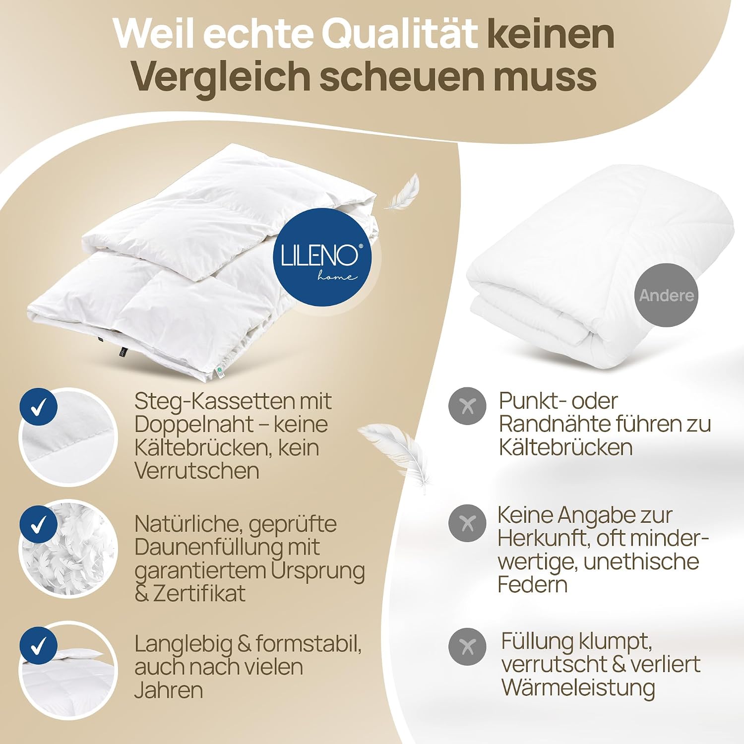 Thumbnail 6 de LILENO HOME Premium Daunendecke 135x200 Ganzjahresdecke – 90% Daunen / 10% Federn, Flüsterleise & Wolkenweich