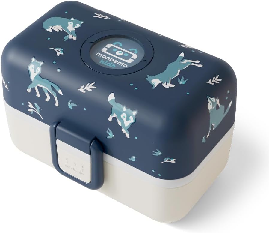 Detalle de Monbento Lunch Box Enfant Tresor bleu Wolf – Boîte à goûter 3 compartiments