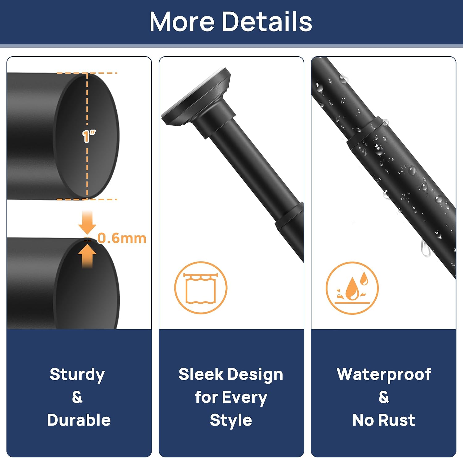 Thumbnail 5 de Matte Black Shower Curtain Pole 84 cm extendable