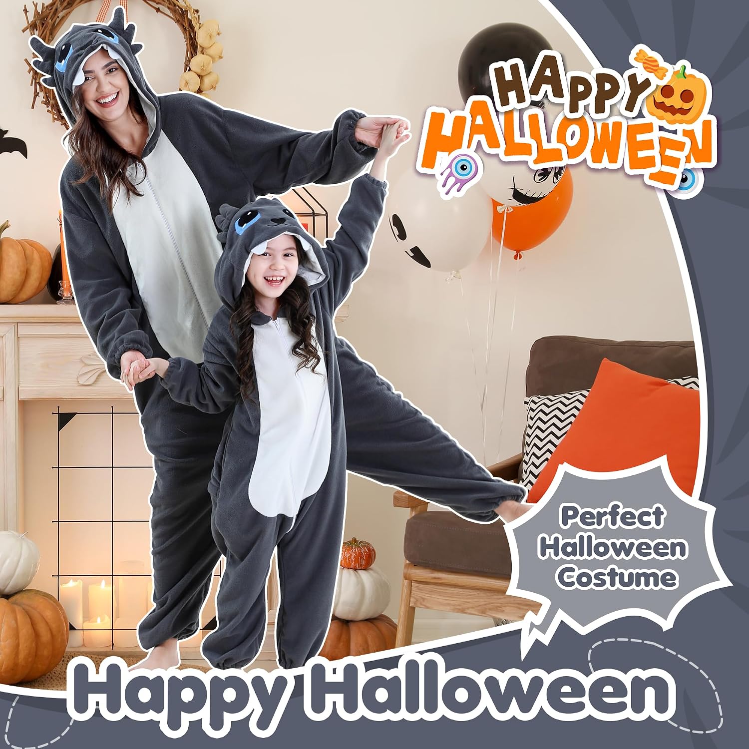 Thumbnail 1 de MICHLEY Halloween Animal Cosplay Pajamas, Double-Zipper One-Piece with 3D Hood