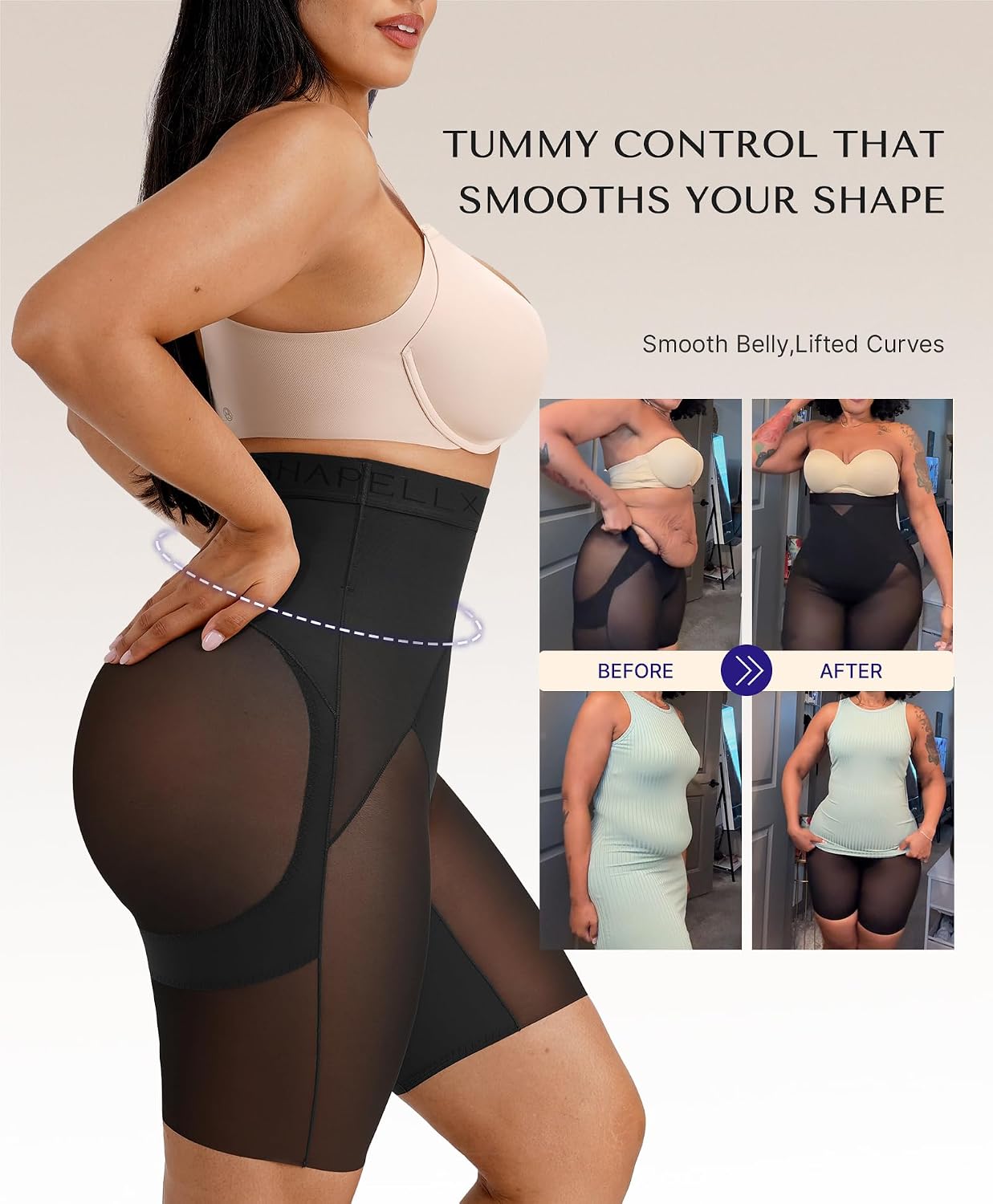 Detalle 2 de SHAPELLX High-Waisted Shapewear Shorts for Women, Tummy Control and Butt Lift