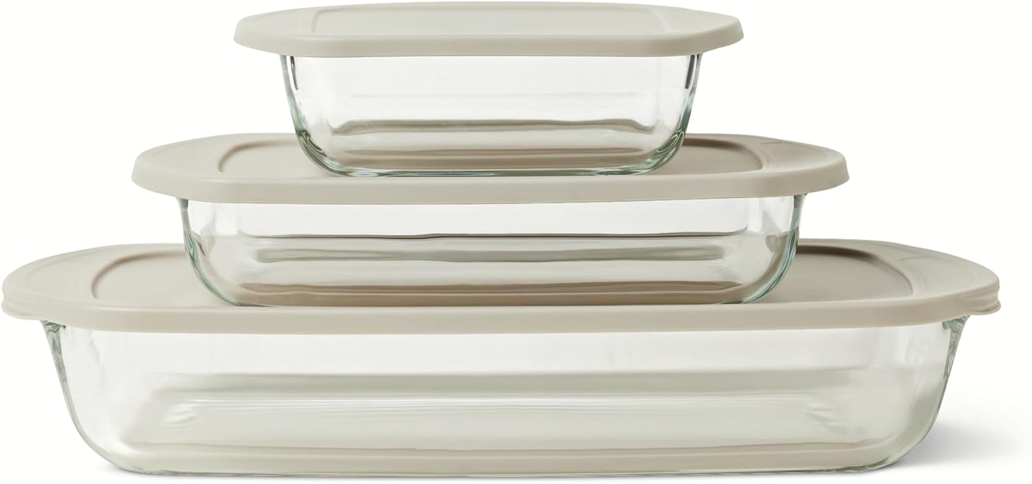 Amazon Basics Glass Baking Dishes with BPA-Free Lids, 6-Piece Set (Borosilicate Glass, Linen Gray)