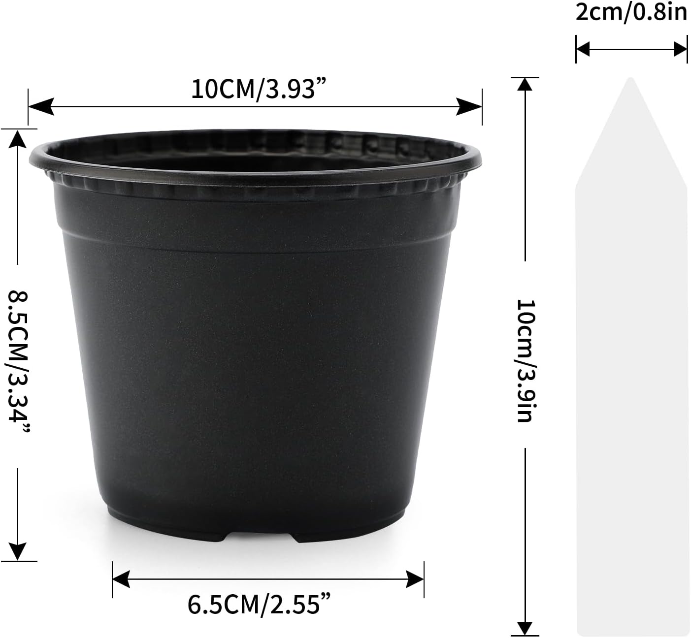 Detalle 2 de KINGLAKE 50 black 10cm plastic plant pots + 100 white plant labels set for seedlings and cuttings