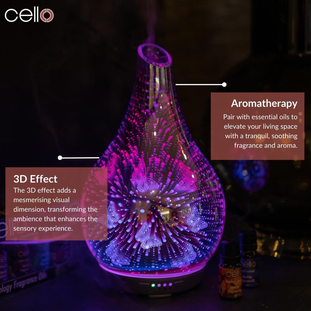 Thumbnail 1 de Cello 3D Butterfly Ultrasonic Diffuser Large – glass ultrasonic oil diffuser with colour-changing LED
