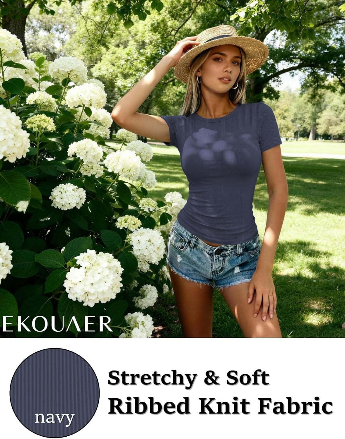 Thumbnail 3 de Ekouaer Womens 1&3 Pack Ribbed T-Shirts – Slim Fit Crew Neck Short Sleeve Tops