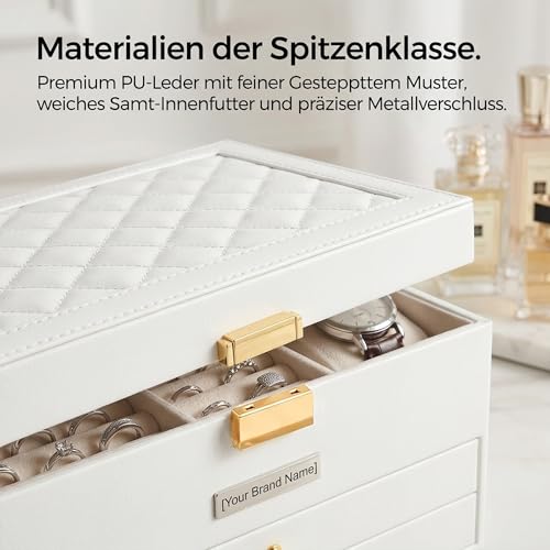 Detalle de AJIEQAQ Schmuckkästchen Weiß mit Spiegel – 3 Ebenen, 2 Schubladen, praktische Schmuckaufbewahrung