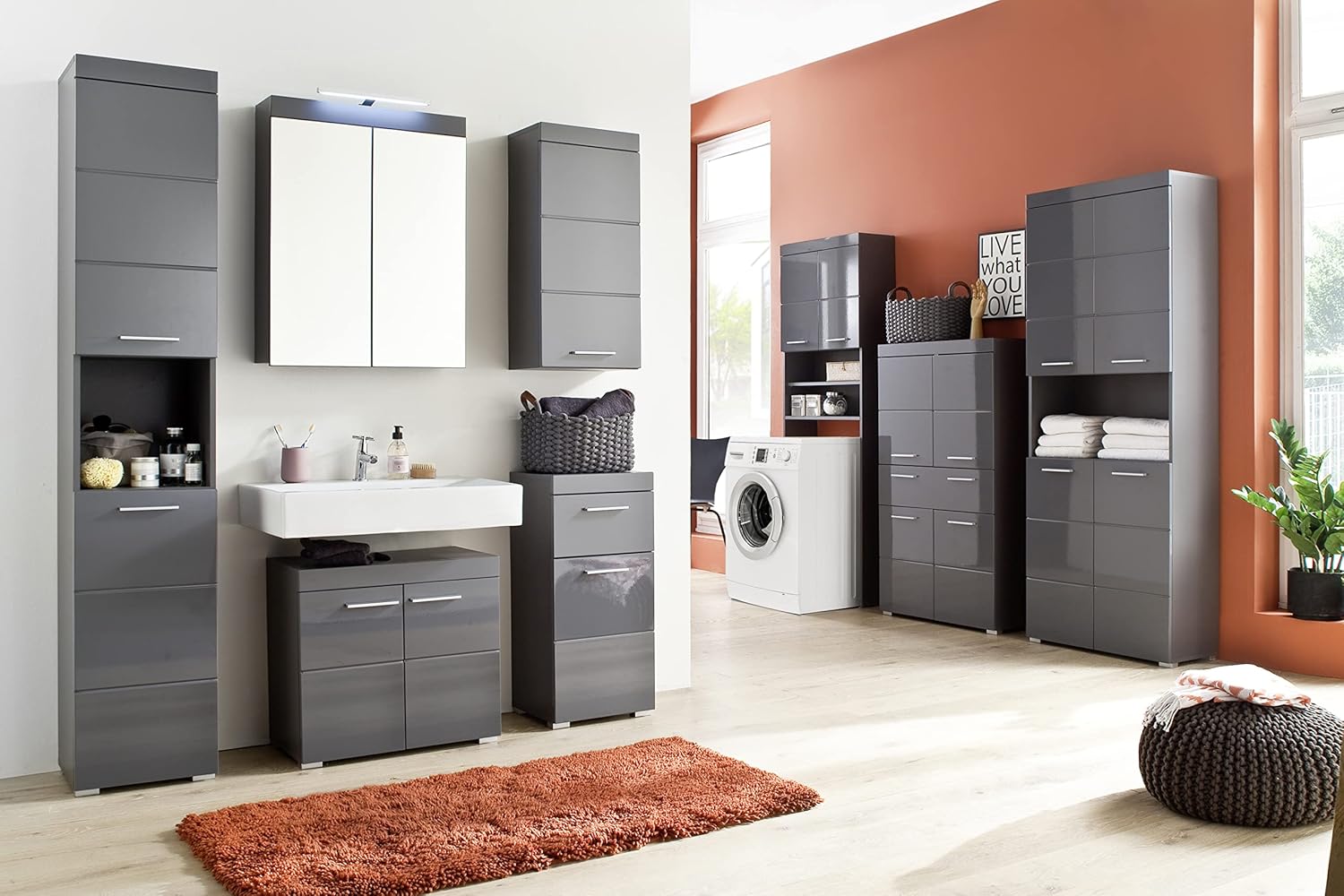 Detalle de trendteam smart living Amanda Waschbeckenunterschrank in Agave Grau Hochglanz (60 x 56 x 34 cm)