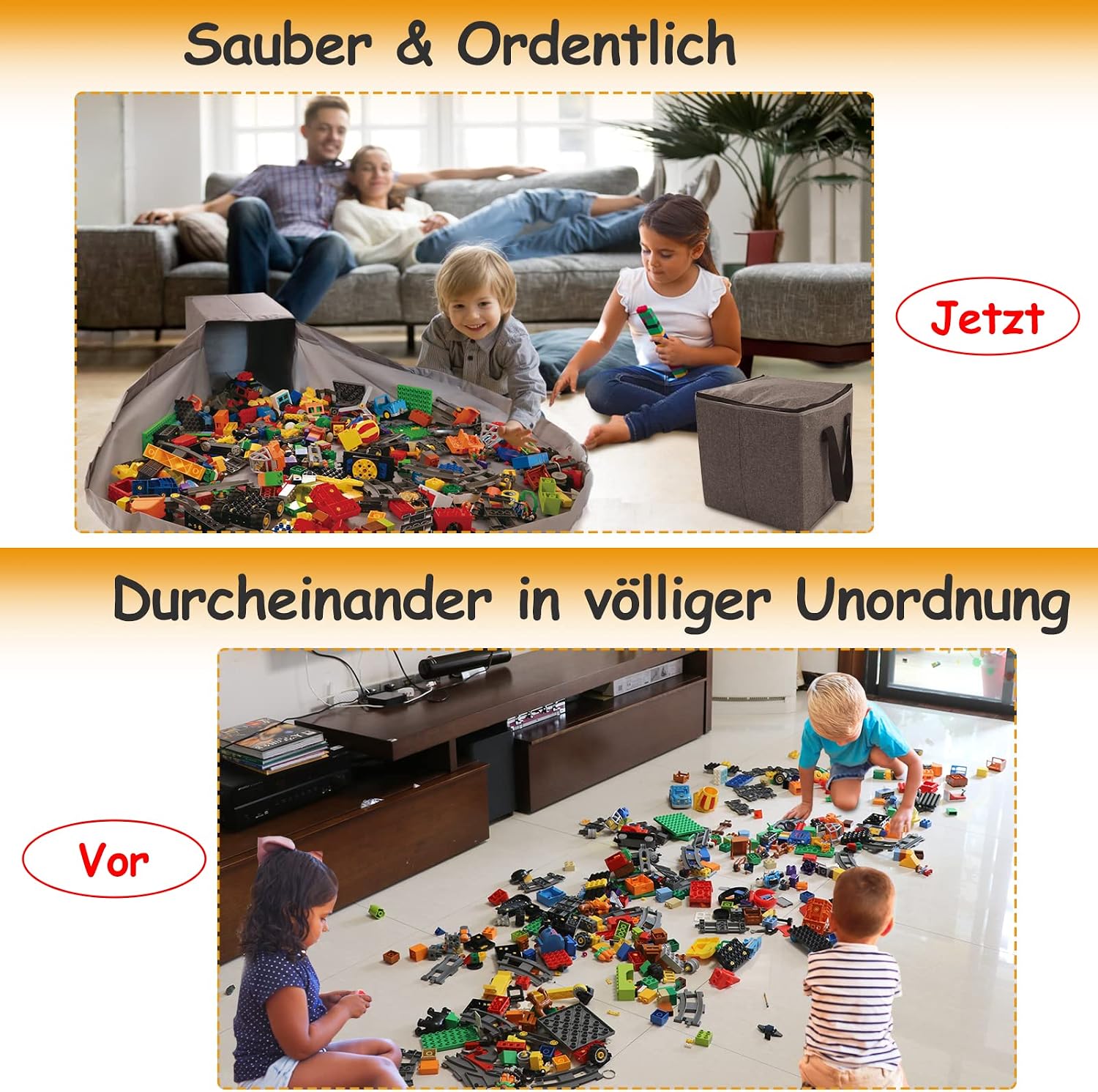 Detalle de Spielzeug Tasche für Lego Spielmatte – Duplo Aufbewahrung mit Deckel, Grau, 13x13x13 Zoll
