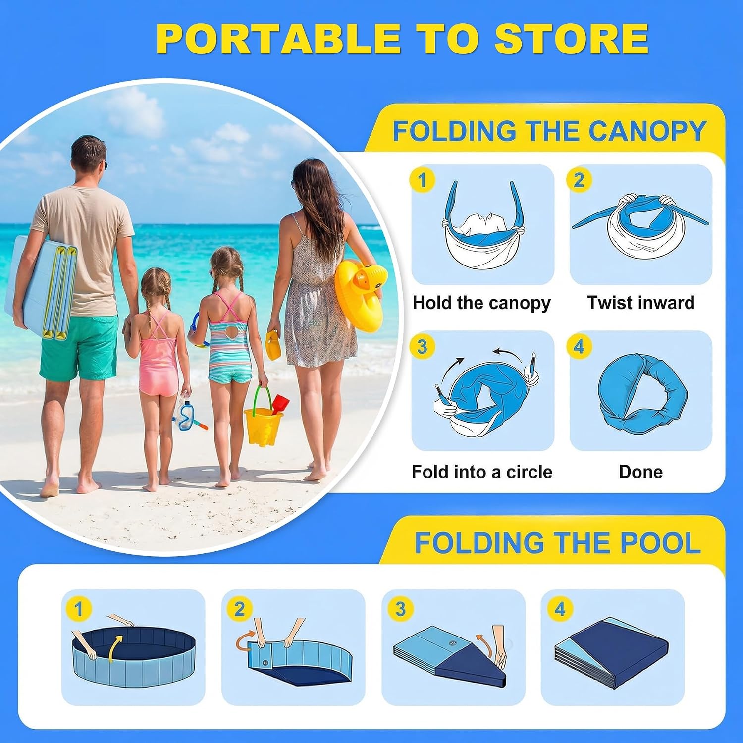 Detalle de Kiddie Pool with Canopy: Large 63in Foldable Pool with Detachable UPF 50+ Sunshade