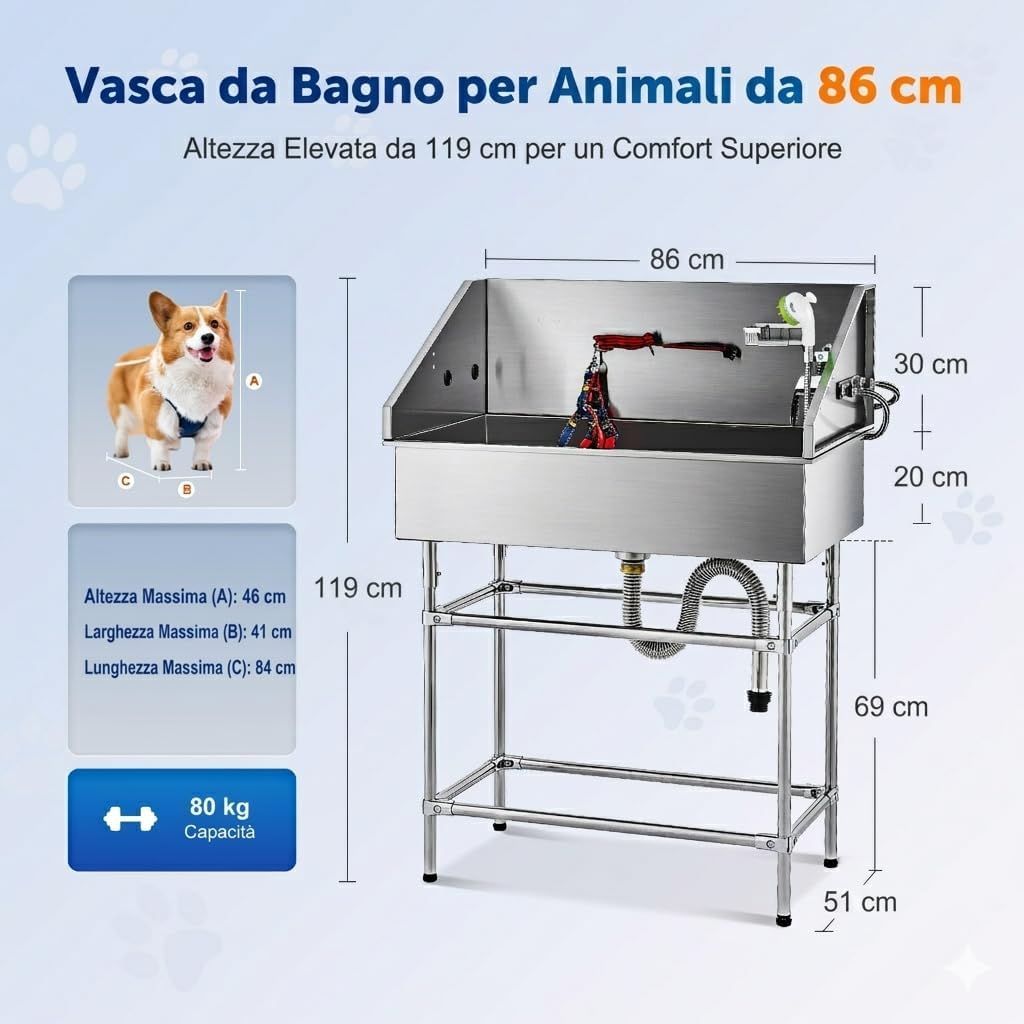 Detalle de CO-Z Vasca da Bagno per Cani Extra Elevata 86 cm – Toelettatura Professionale in Acciaio Inox