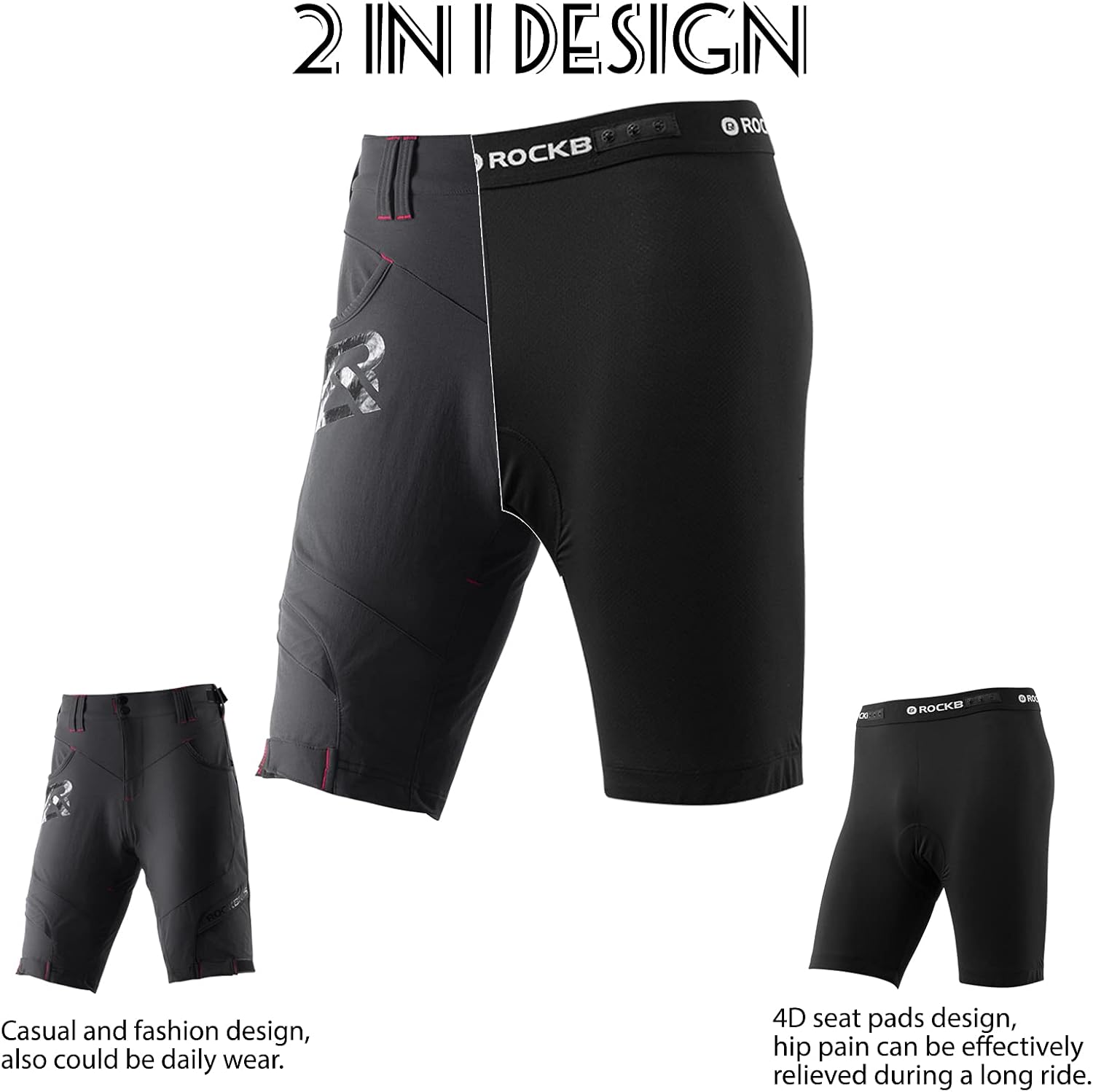 Thumbnail 2 de ROCKBROS Pantaloncini MTB da uomo con imbottitura 4D e fascia 2 in 1