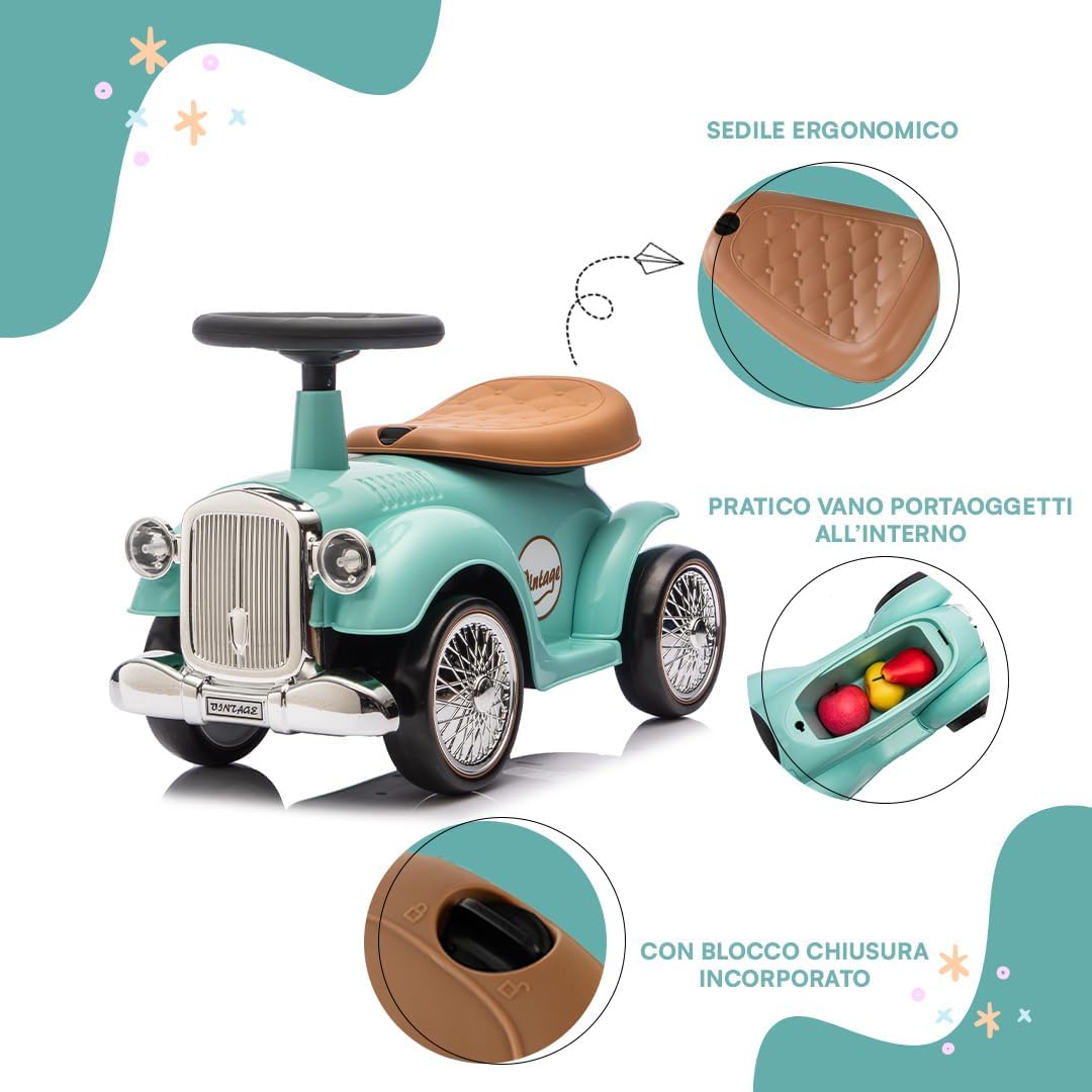 Thumbnail 2 de Baroni Toys Vintage Porteur Voiture pour Enfants – 12 à 36 Mois, klaxon, rangement, 25x59x35 cm (Tiffany)