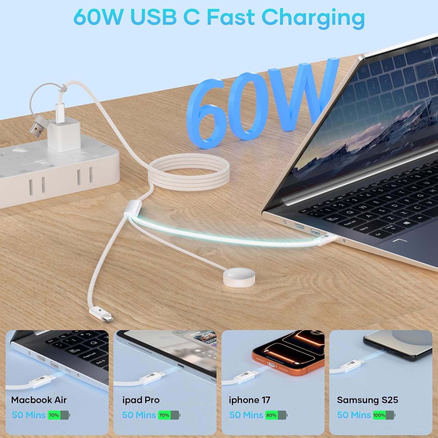 Detalle de Esiposs 3-in-1 Magnetisches Ladekabel für Apple Watch und iPhone: 60W USB-C Schnellladen, 1,5 m