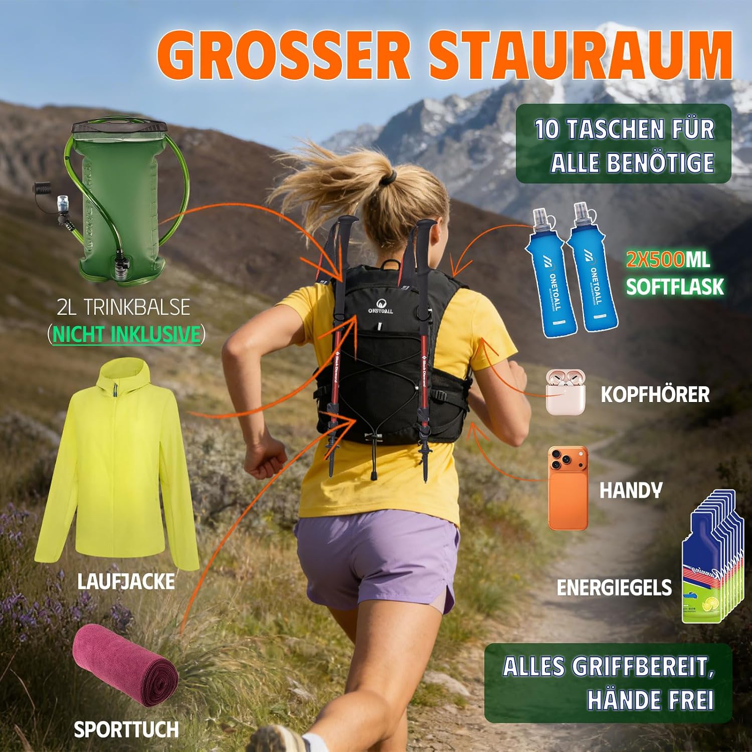 Detalle 2 de ONETOALL Laufweste Damen mit 2 faltbaren Trinkflaschen (500 ml) & reflektierendem LED-Licht – 13 Reflektorpunkte