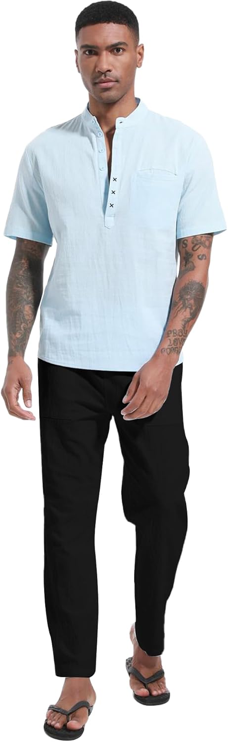 Detalle de LVCBL Leinenhose Herren – lockere Leinen-Hose mit elastischem Bund und Taschen