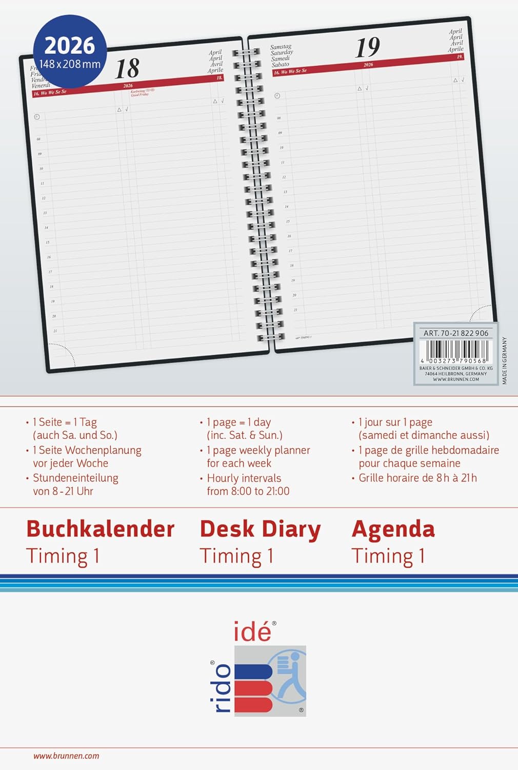 Detalle 2 de rido/idé Buchkalender Mod. Timing 1 2026 (A5) – schwarz
