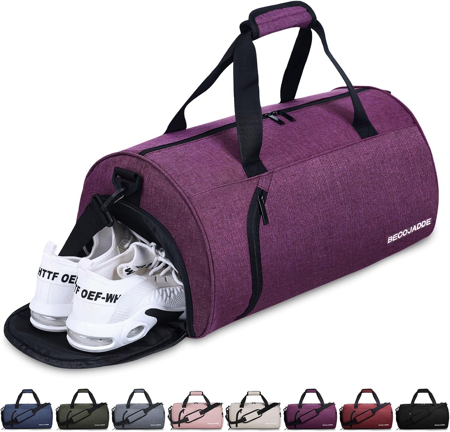 Detalle de BECOJADDE 35L Sporttasche Damen & Herren – multifunktionale Reisetasche mit Schuhfach & Nassfach, wasserdichtes Handgepäck-Upgrade in Lila