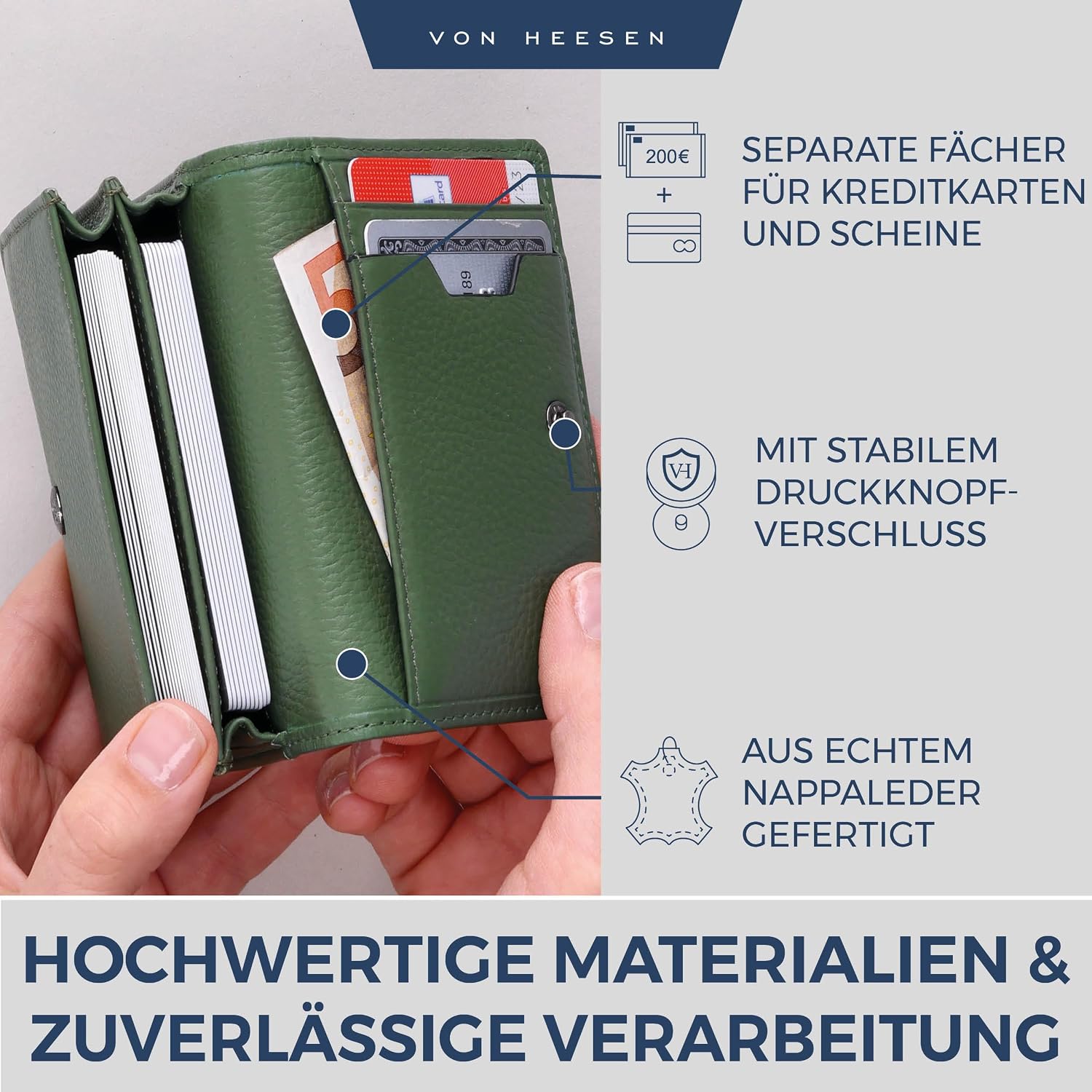 Detalle de VON HEESEN Visitenkartenetui Leder mit RFID-Schutz – Grün, 50 Karten, 6 Fächer