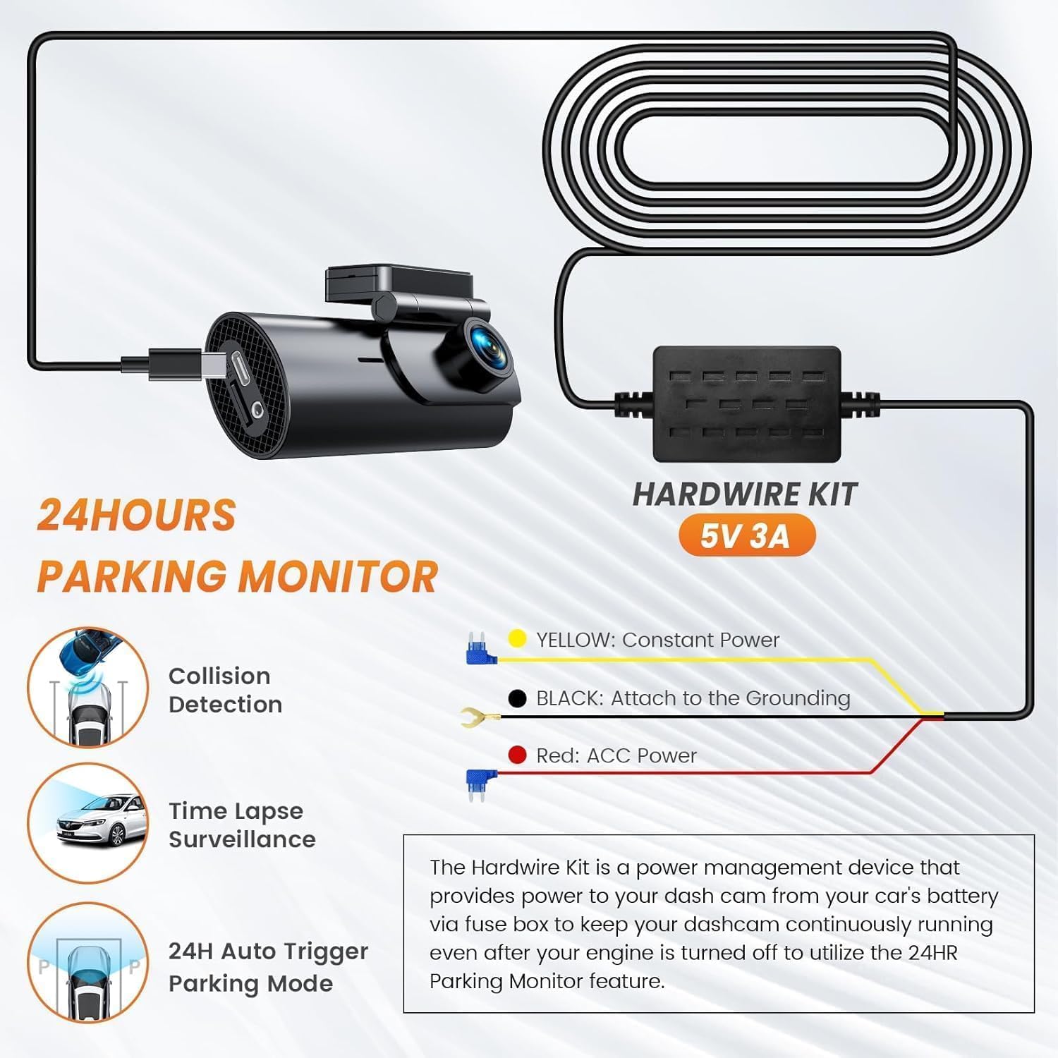 Detalle de GKU Kit di Cablaggio Hardwire Type-C per Dashcam: alimentazione continua e protezione integrata
