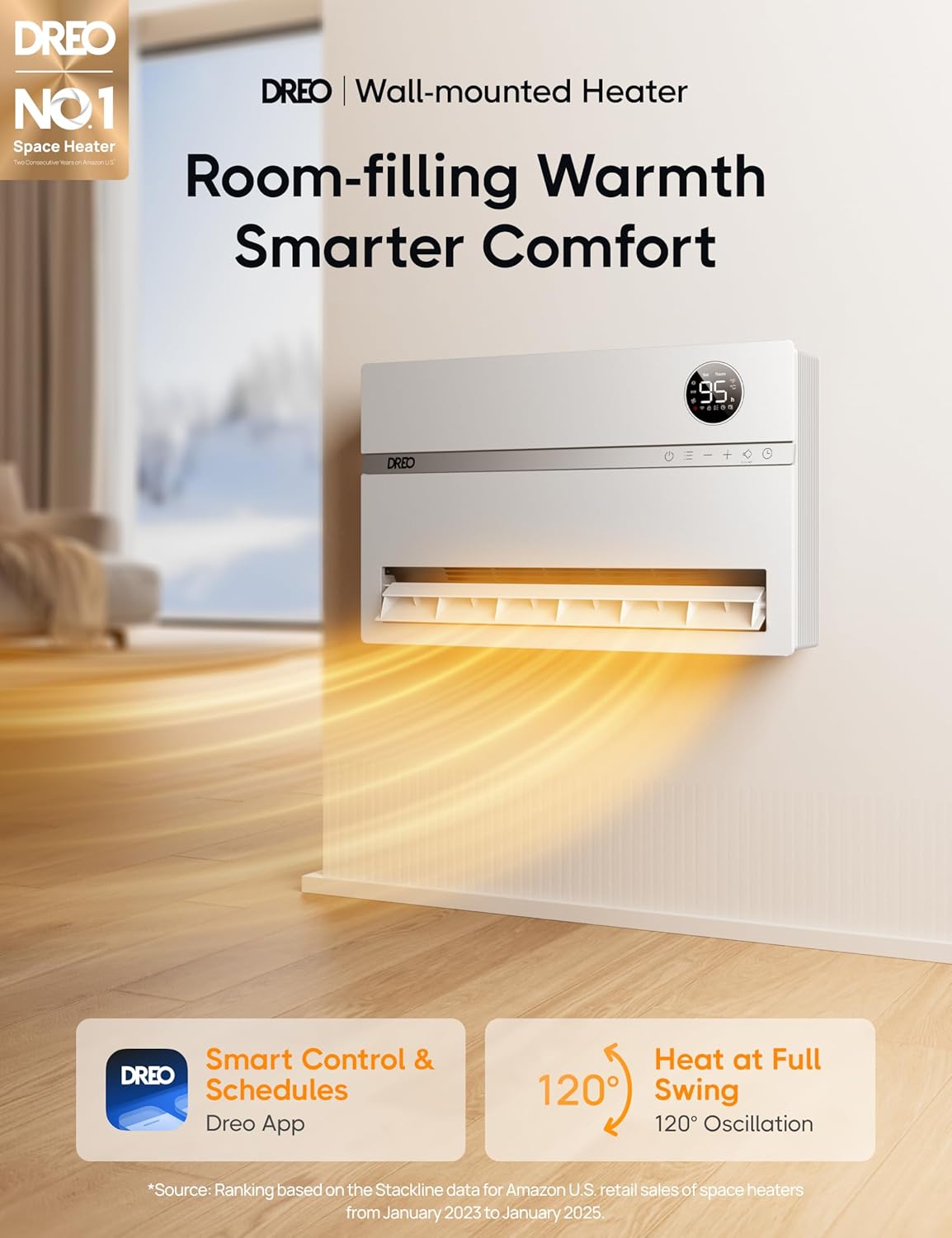 Thumbnail 1 de DREO DR-HSH009S Smart Wall Heater, 1500W, 120° Oscillation and Wi-Fi