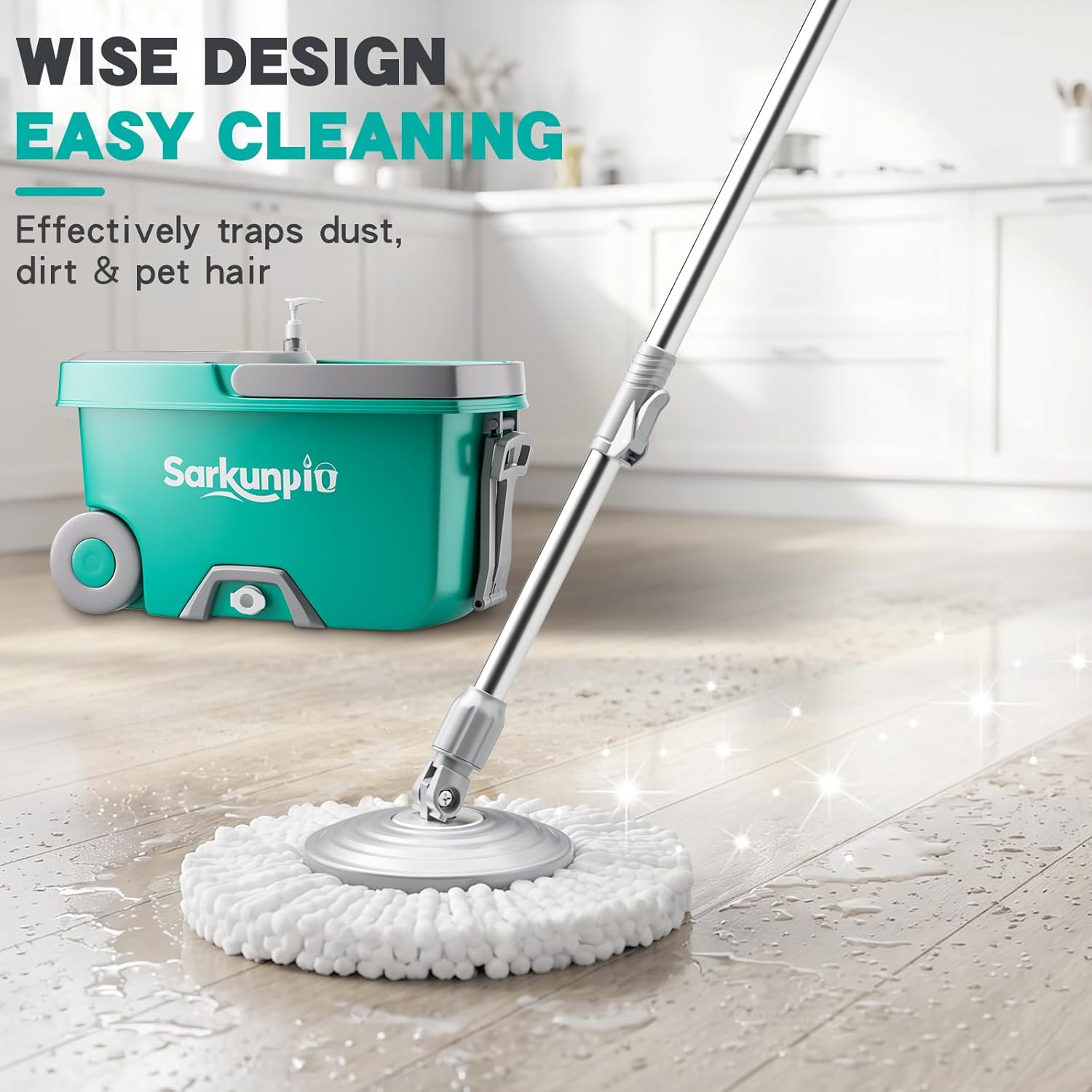 Detalle de Sarkunpio J0227D Spin Mop and Bucket Set, 6 Microfiber Heads, Teal