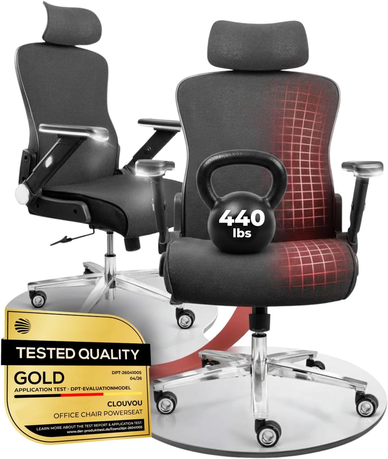 Detalle de CLOUVOU PowerSeat bureaustoel met mesh, 5D-armleuningen en lendensteun
