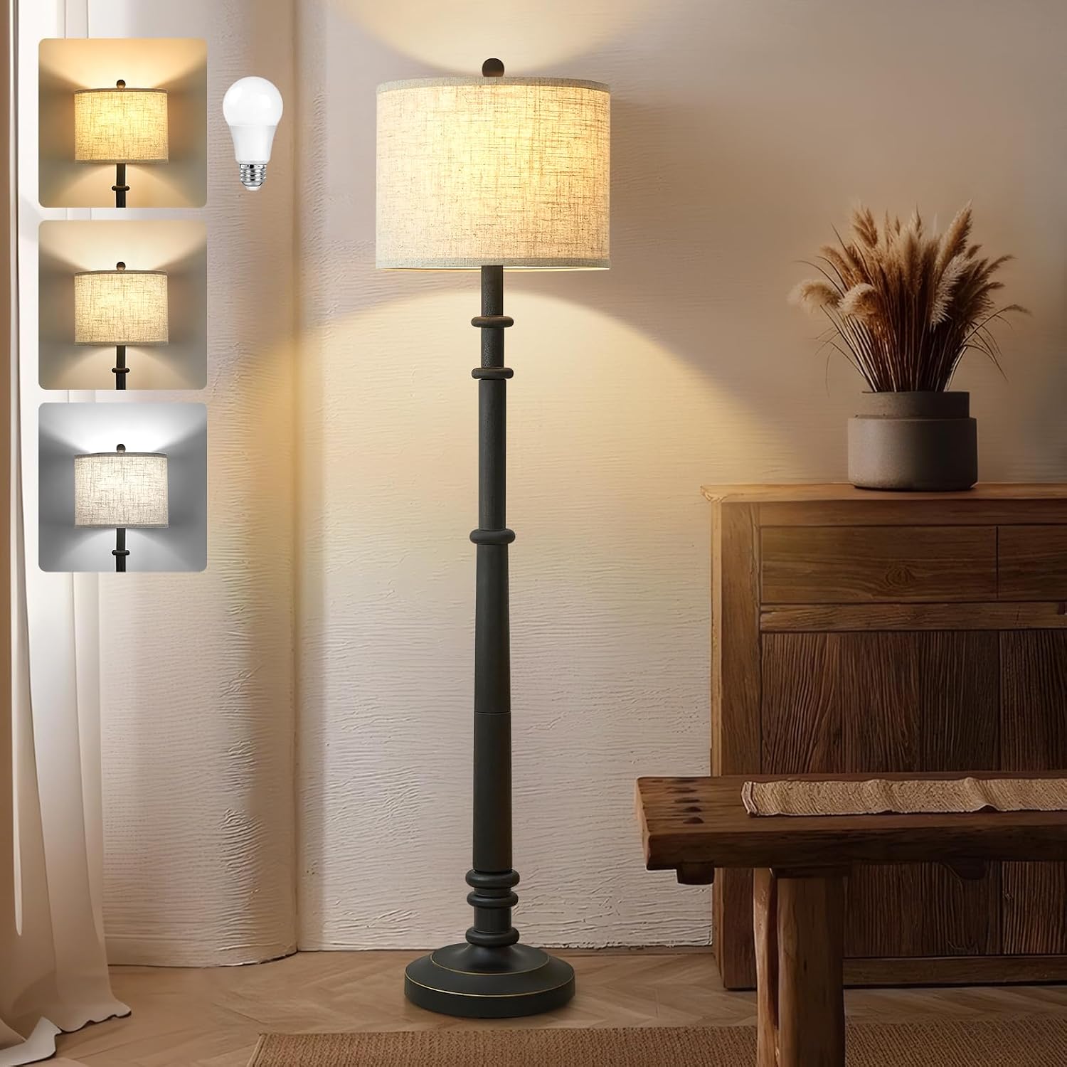 Detalle 2 de EJIAXIN 60" Resin Farmhouse Floor Lamp with Adjustable Color Temperatures (Black, Linen Shade)
