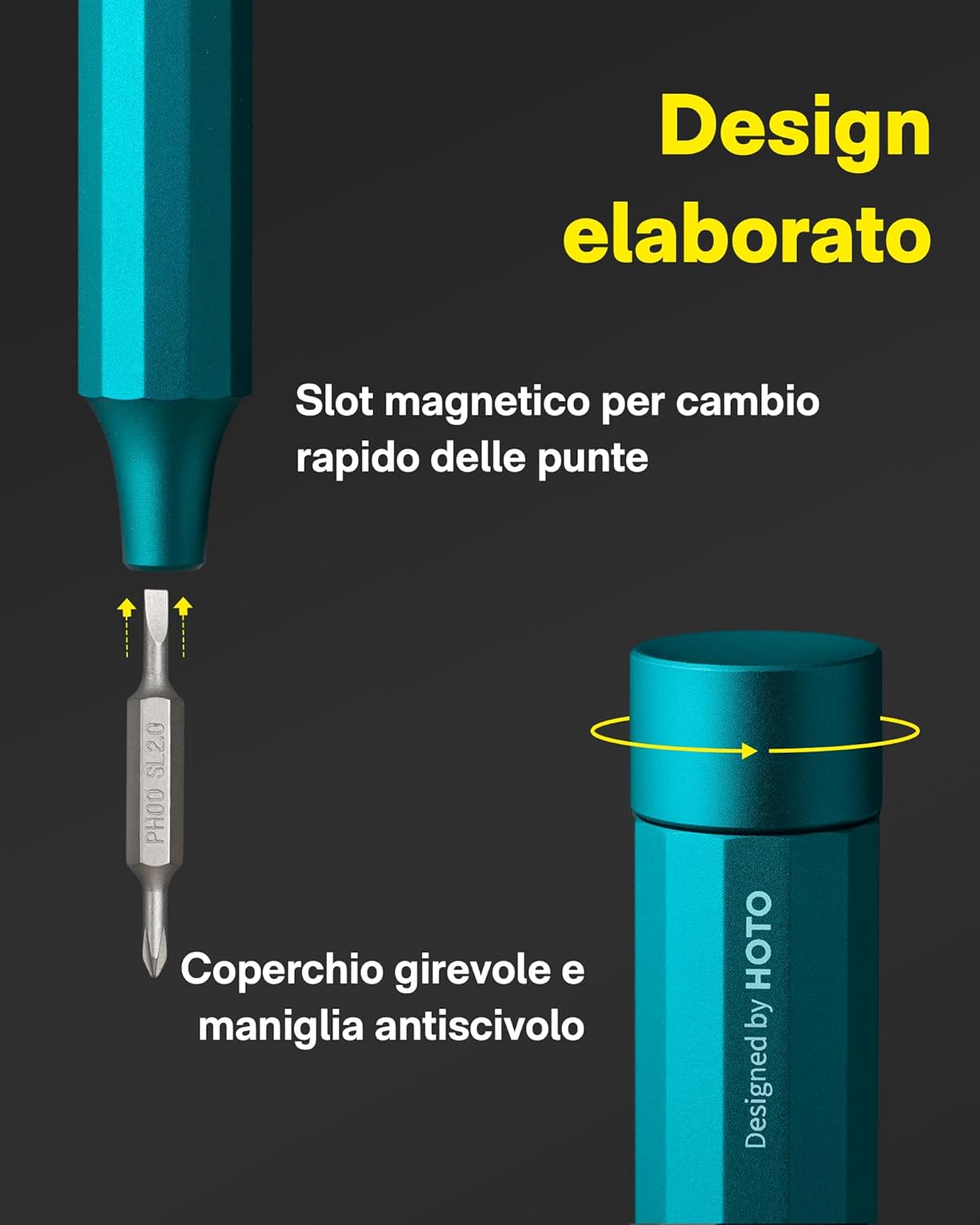 Detalle de HOTO 24 in 1 Cacciaviti Magnetici: Set di precisione in acciaio S2, 12 punte doppie e manico con rotazione a 360°