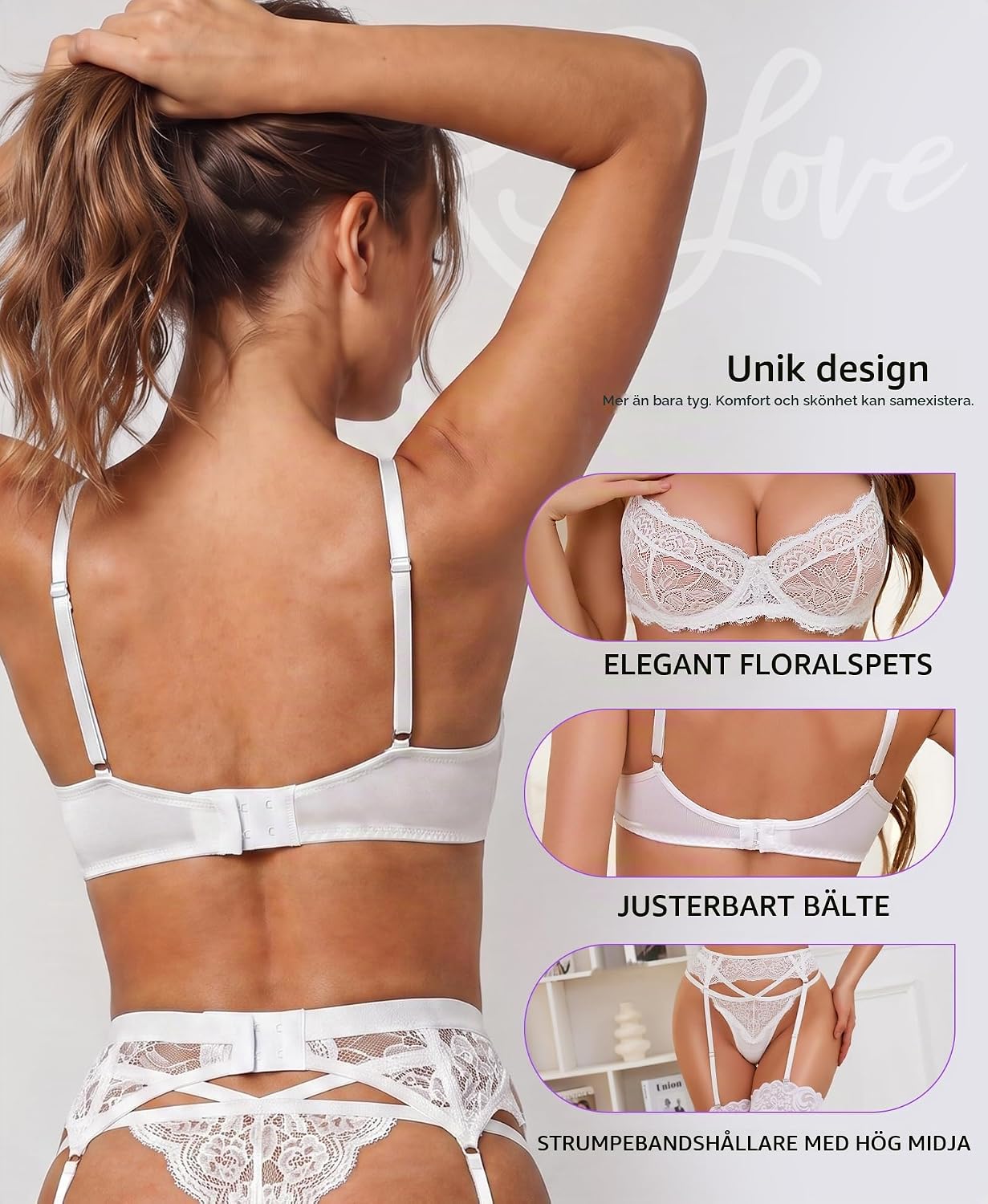 Detalle 2 de RSLOVE underklädesset i 3 delar med spets, behå och strumpebandshållare