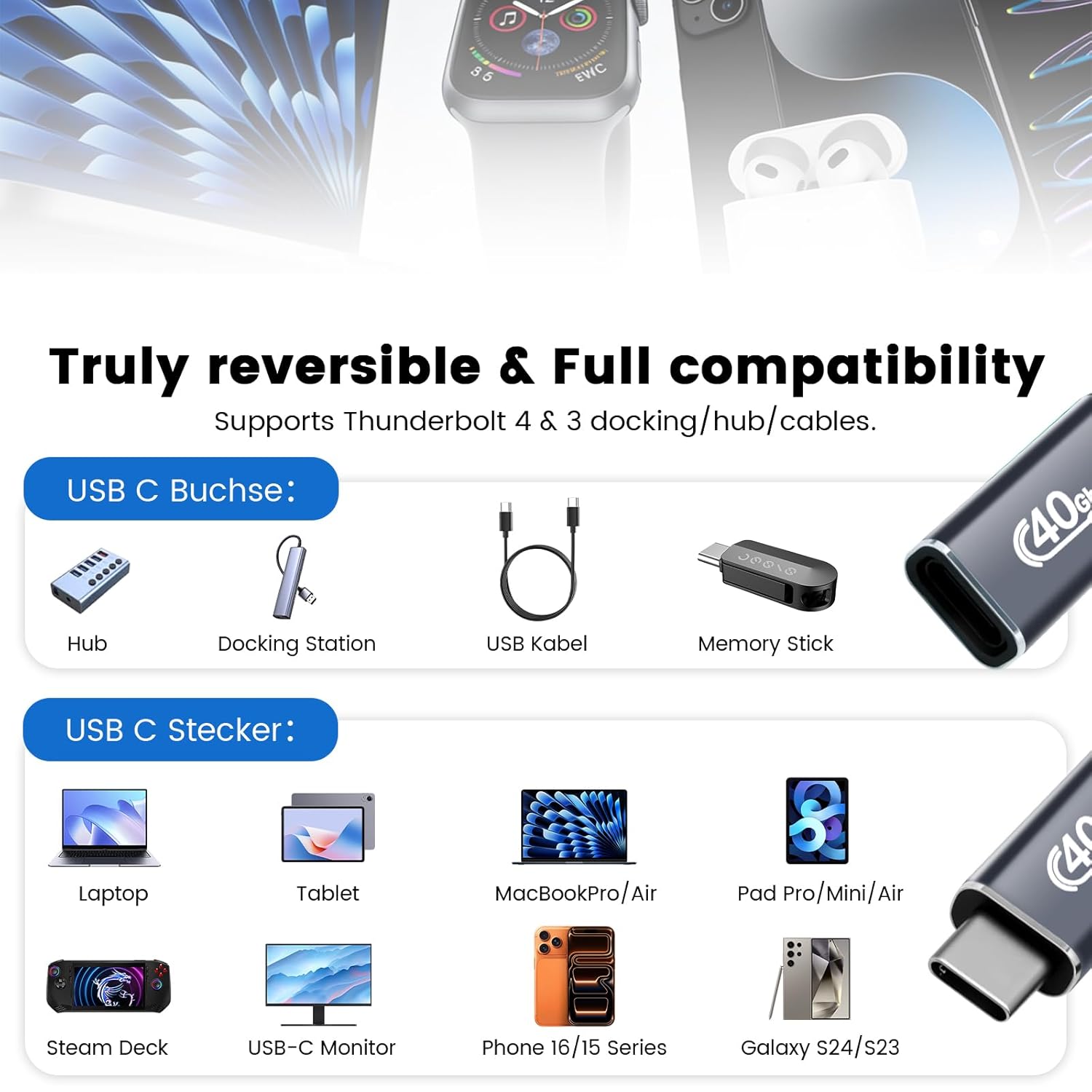 Thumbnail 6 de Puiseno USB-C Verlängerung 1m: Thunderbolt 4, 40 Gbit/s, 8K@60Hz, PD3.1 bis 240W