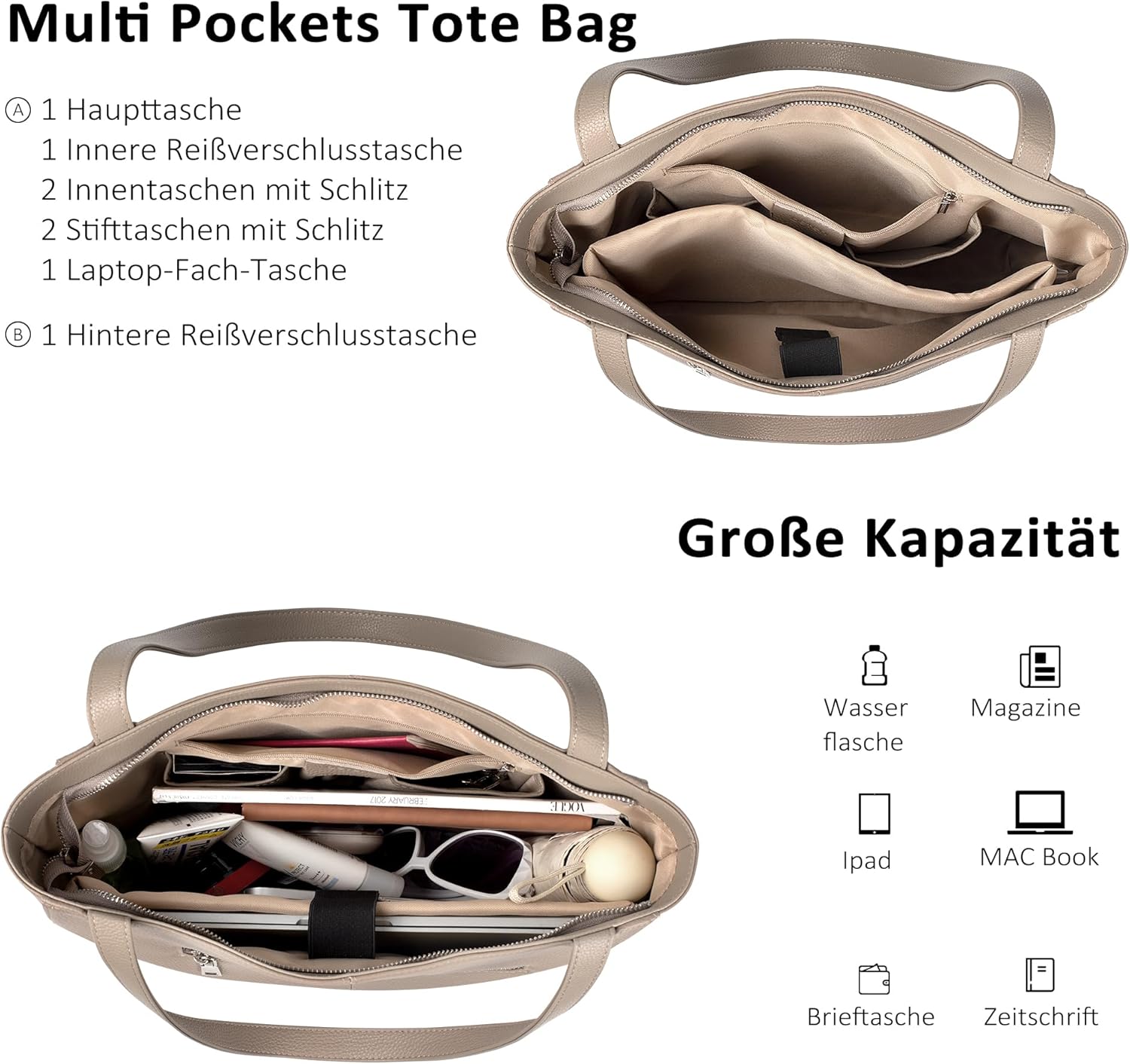Thumbnail 3 de befen Echtleder Shopper-Tasche für Damen mit 14-Zoll-Laptopfach (Groß, Reißverschluss)