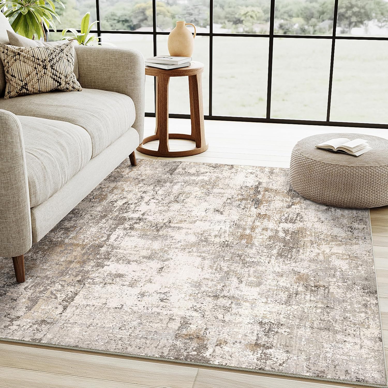 Thumbnail 2 de HUGEAR washable rug 90x150cm in grey/brown abstract design with non-slip TPR backing
