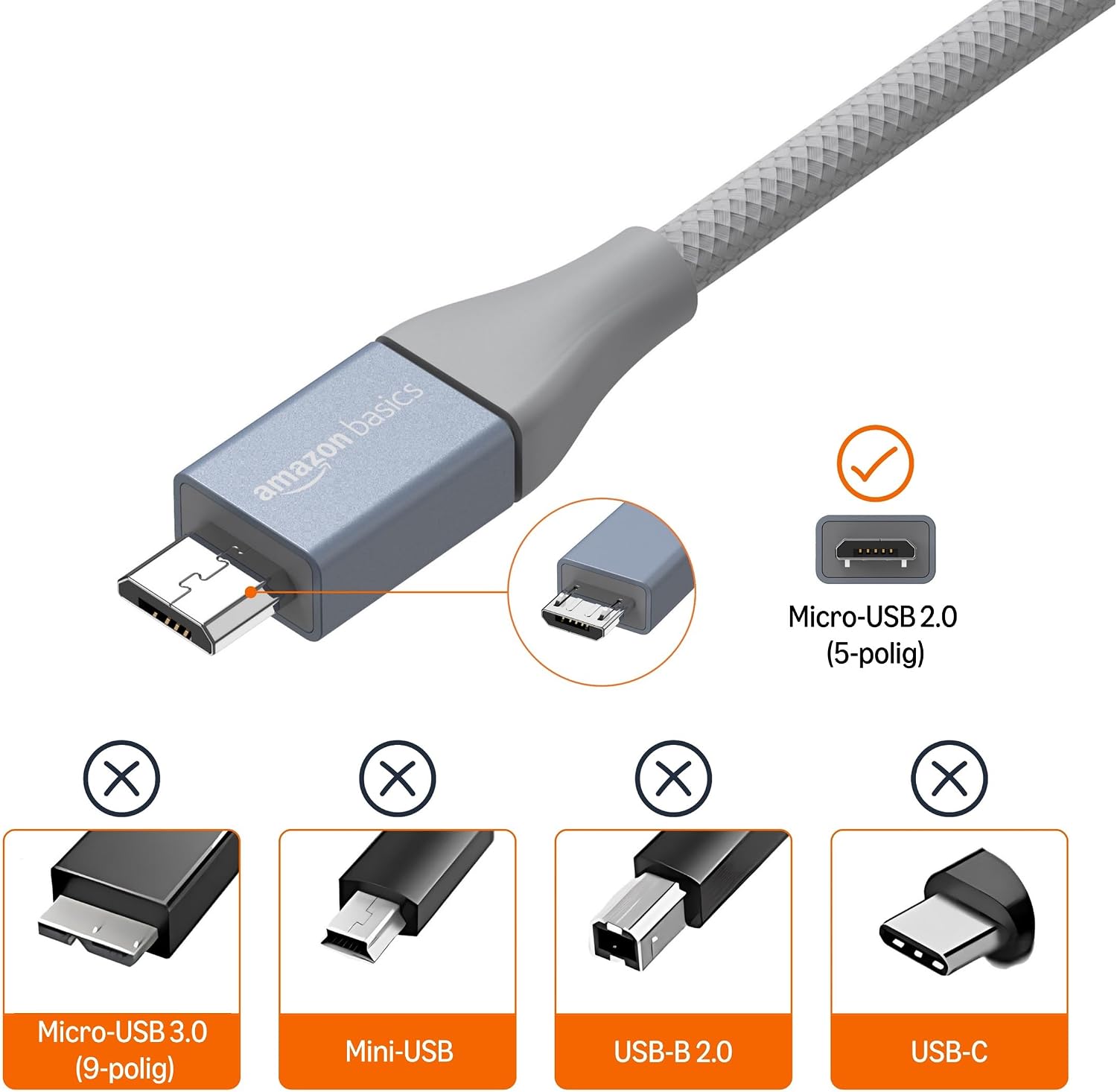Thumbnail 1 de Amazon Basics USB-2.0 USB-A auf Micro-USB Kabel (3 m, dunkelgrau) – für Laden & Daten