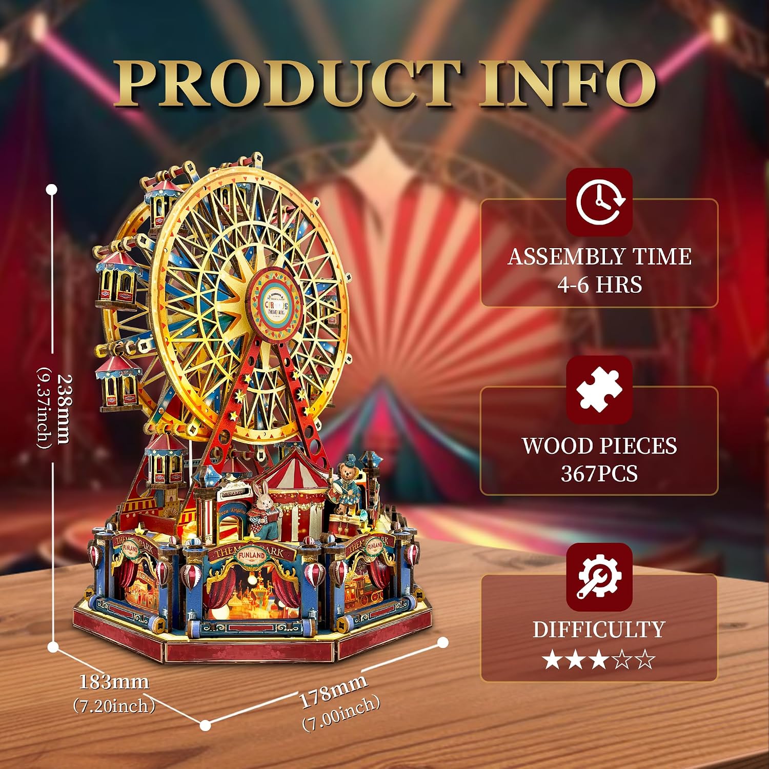 Detalle de STRUCWOOD DIY 3D Holzpuzzle Riesenrad (Hundertjahr-Riesenrad) inkl. Lichtern & Musik – Miniatur-Zirkushaus als Bauset