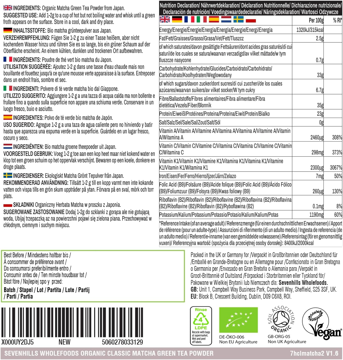 Detalle 2 de Sevenhills Wholefoods Poudre de thé vert Matcha Classique Japonais Bio (200 g) – d’Uji, Kyoto