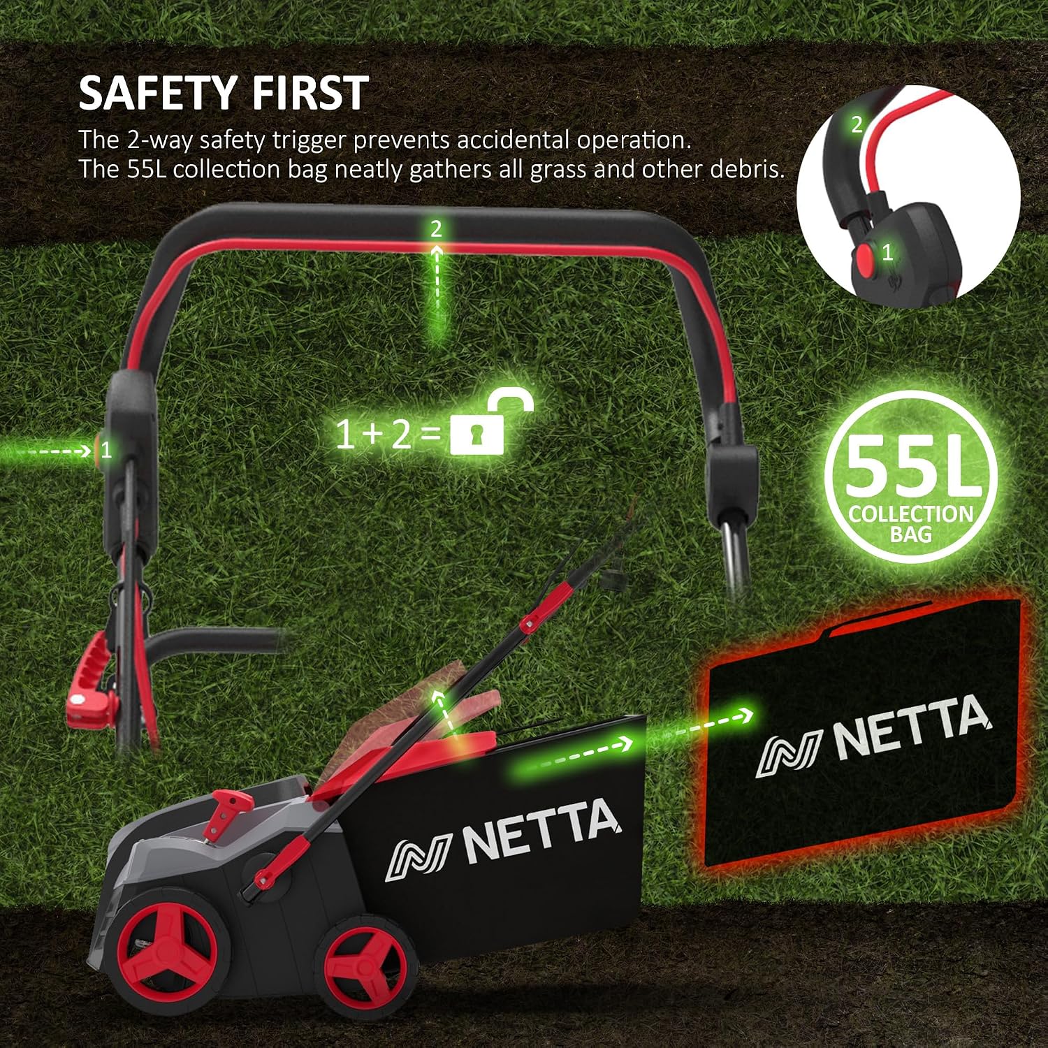 Detalle de NETTA 2000W Lawn Scarifier and Aerator (400mm) with 55L Grass Box, 5 Depth Settings, 10m Cable