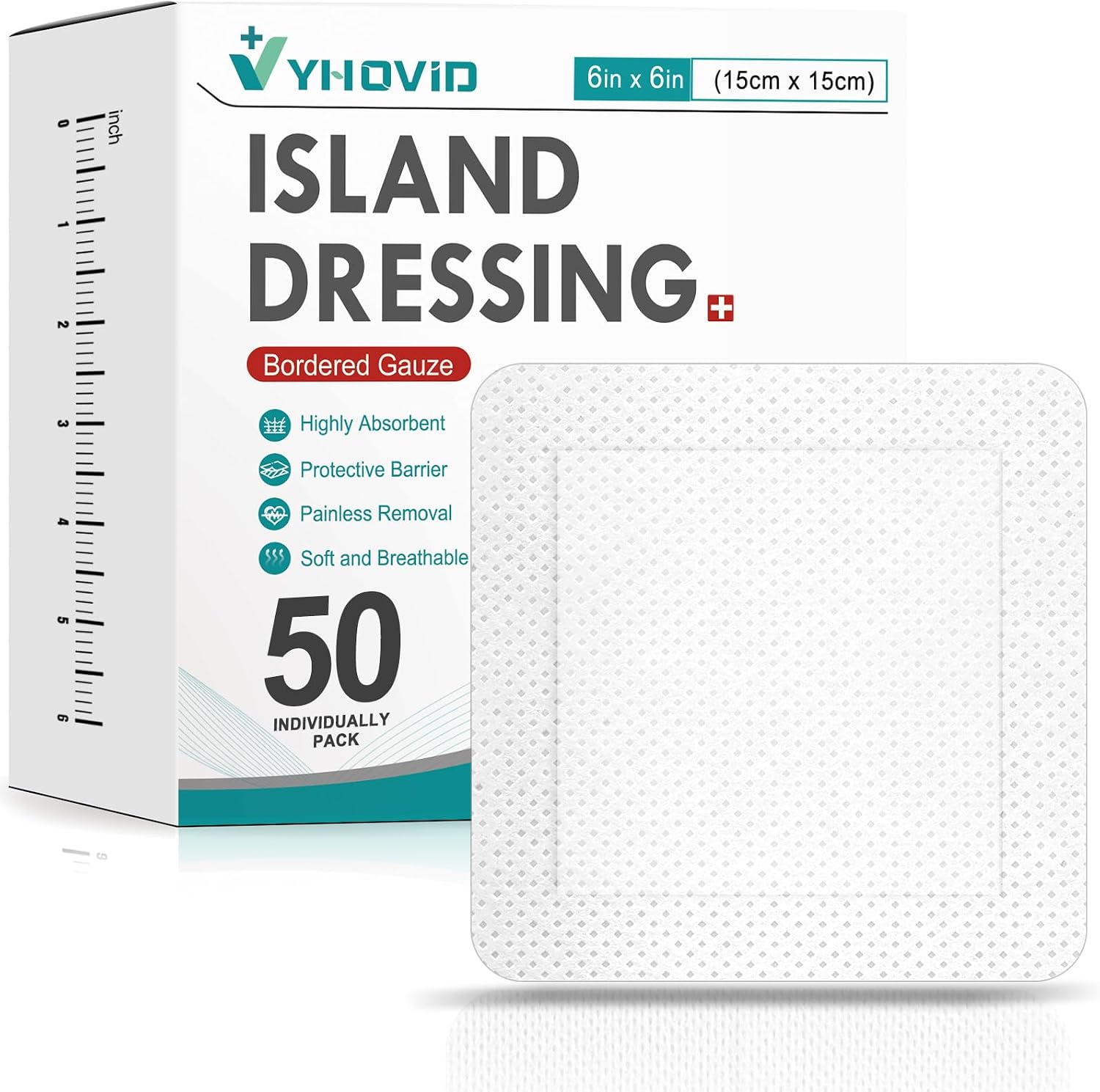 Detalle de YHOVID 6" x 6" Bordered Gauze Island Dressings, Non-Stick Center, 50 Count