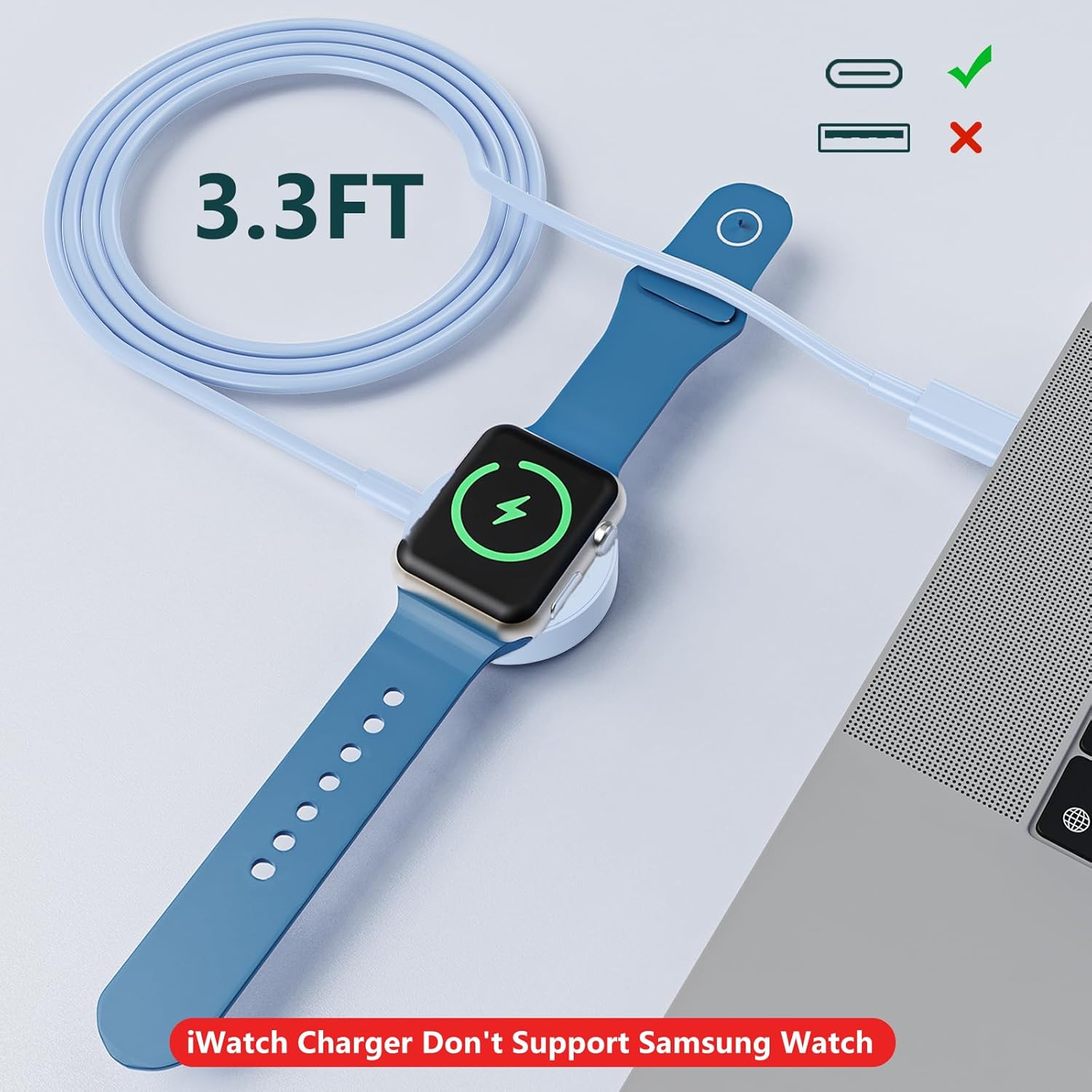 Thumbnail 5 de Upgraded 2 Pack for Apple Watch Charger USB C Cable – Magnetic, MFi Certified, 100cm (Blue)