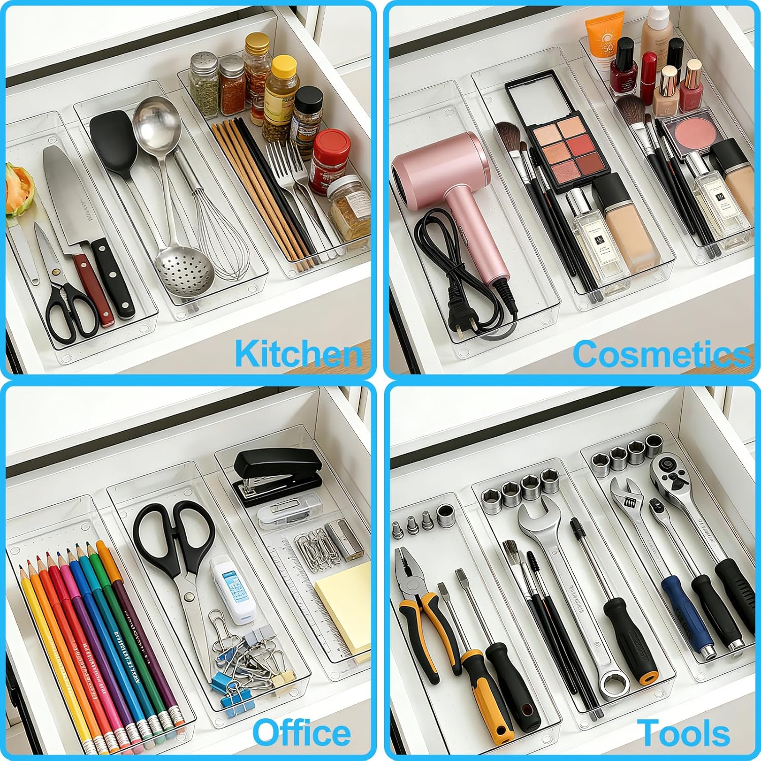 Detalle de Manalete 4 Pack 15" x 6" Extra Large Clear Plastic Drawer Organizer Trays