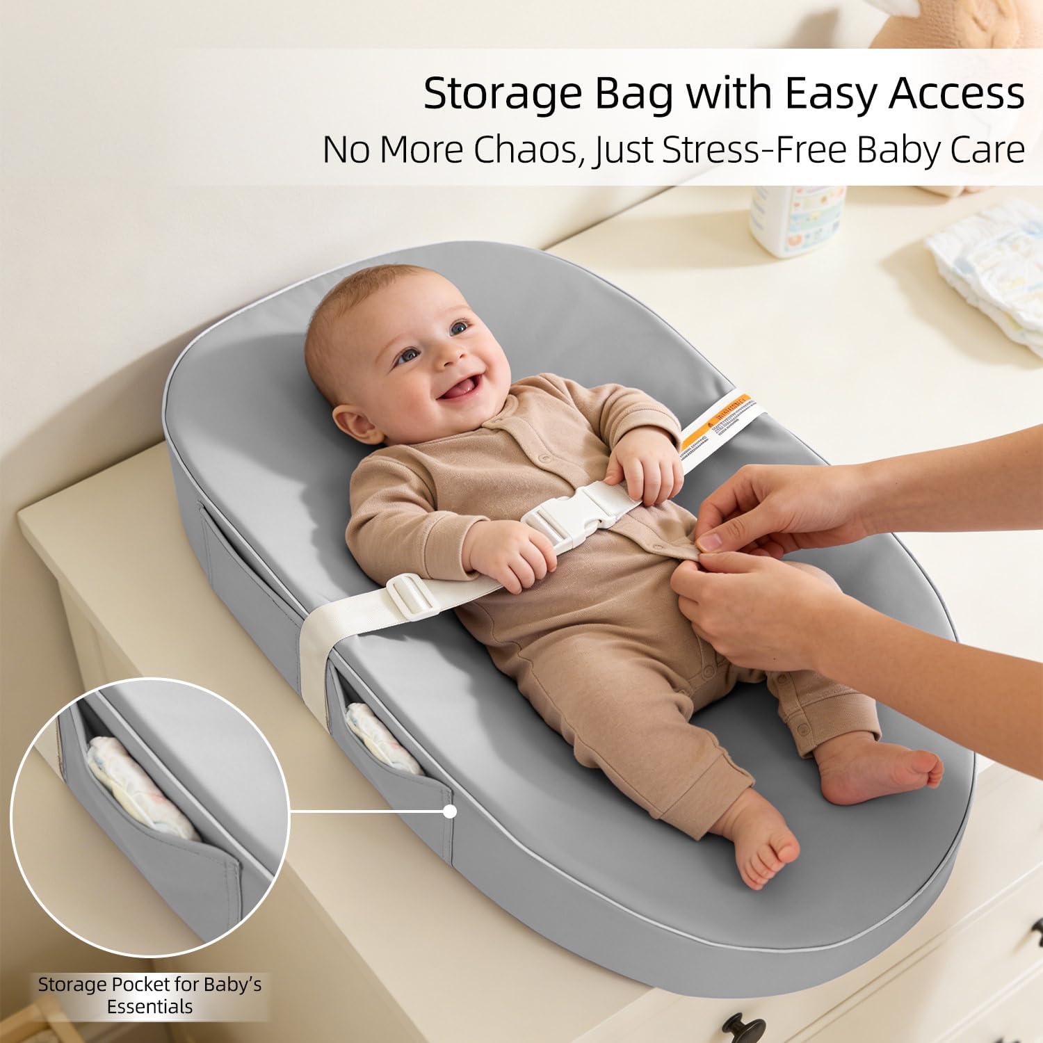 Detalle 1 de JVEOO Waterproof Vegan Leather Baby Changing Pad with Safety Strap