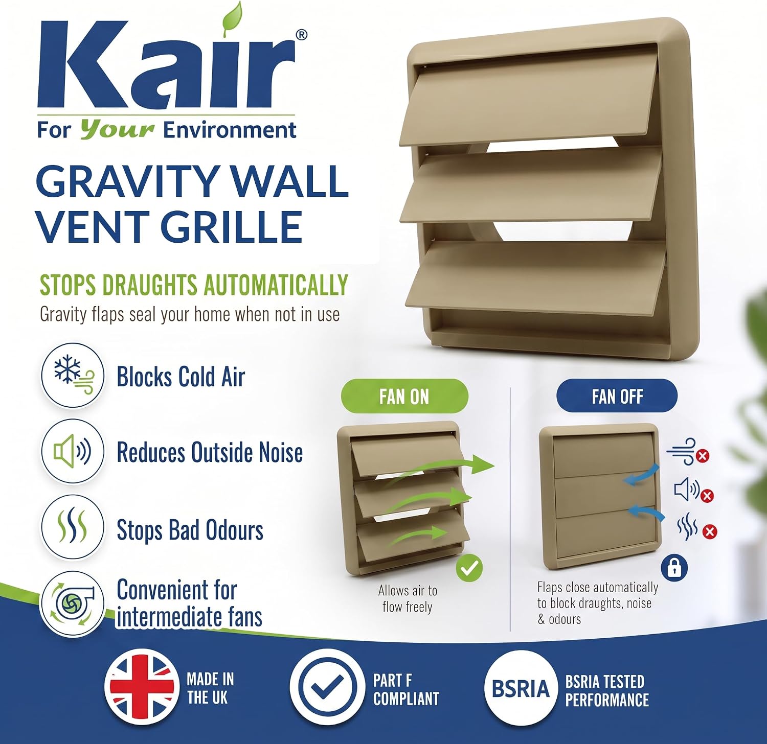 Thumbnail 1 de Kair Beige 100mm Gravity Wall Vent Grille with 99.5mm Rear Spigot and 155mm Front Cover