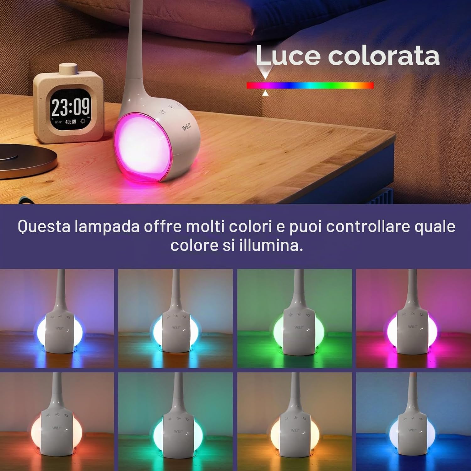 Detalle de WILIT T3: Lampada da Scrivania per bambini con luce RGB, controllo tattile e 3 livelli di luminosità
