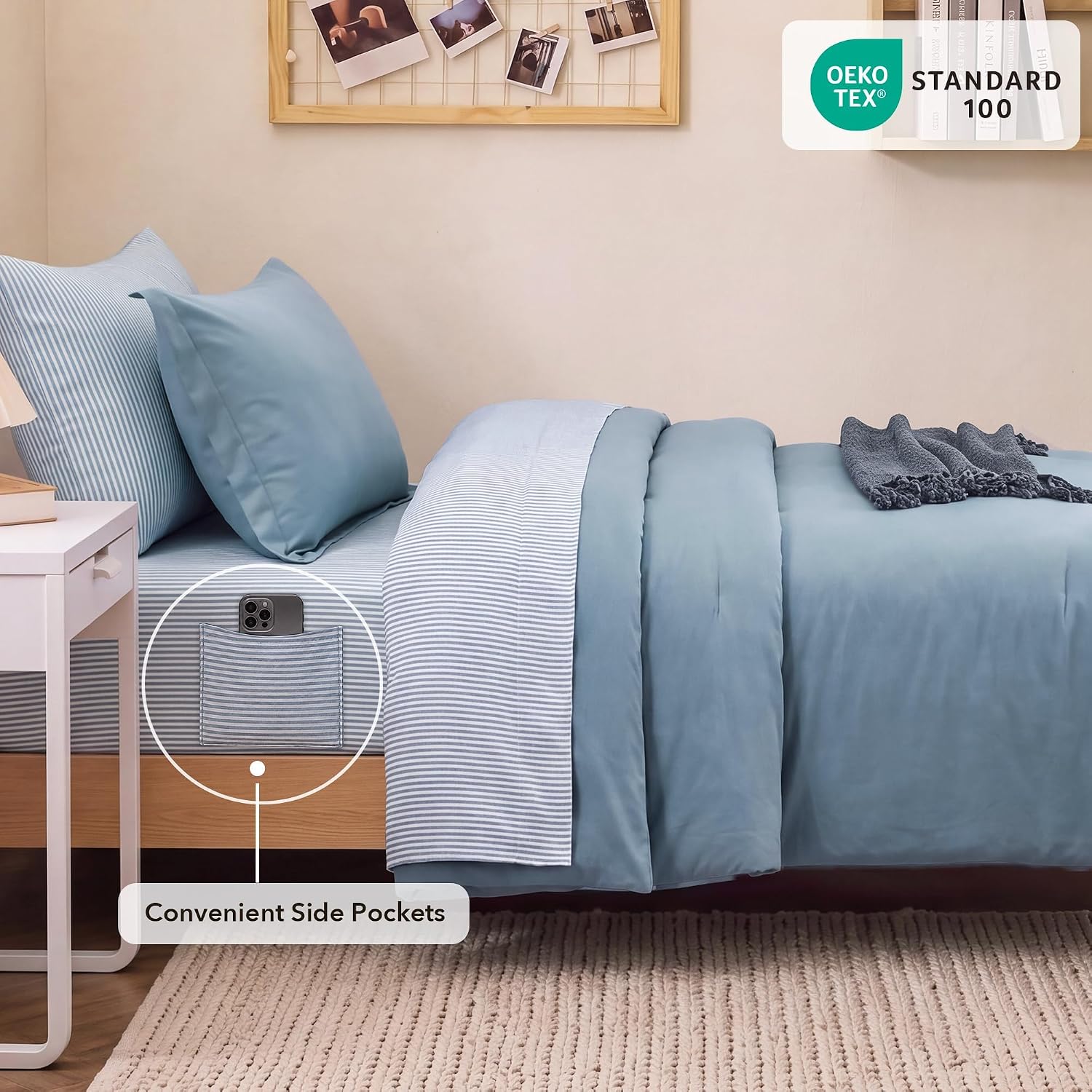 Detalle de Monbix Prewashed Comforter Set, Twin XL 5-Piece Bedding in Dusty Blue