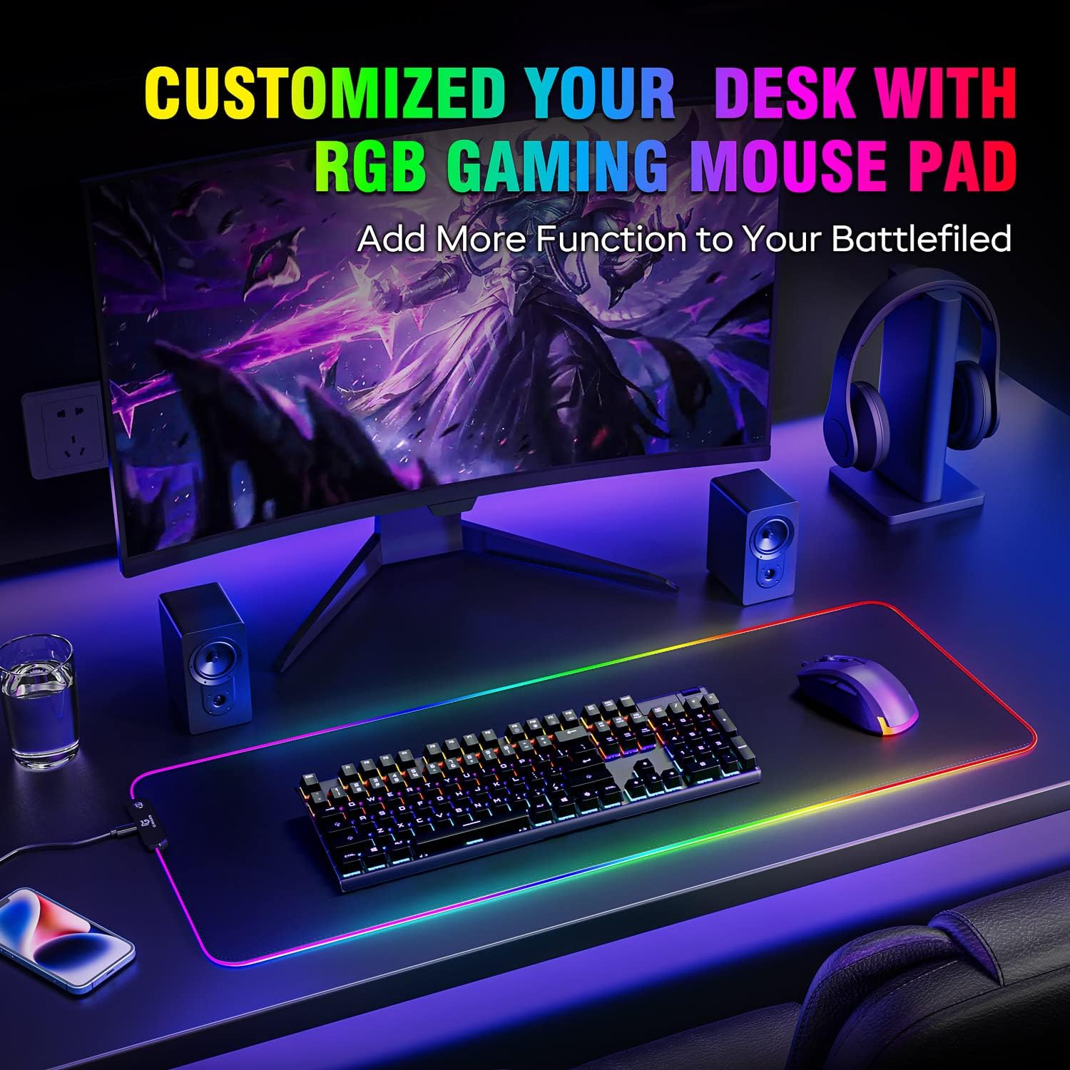 Detalle de Gimars RGB Gaming Mouse Pad XL (800x300x5mm) – Large, Non-Slip with 12 LED Modes